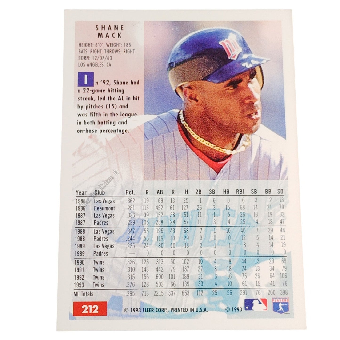 Shane Mack, Minnesota Twins, #212, 1994 Fleer Baseball Collector's Card