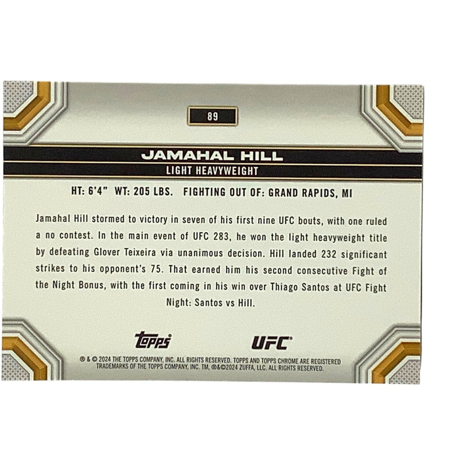 Jamahal Hill, Light Heavyweight, UFC Card 89, 2024 Topps Chrome UFC, NM+