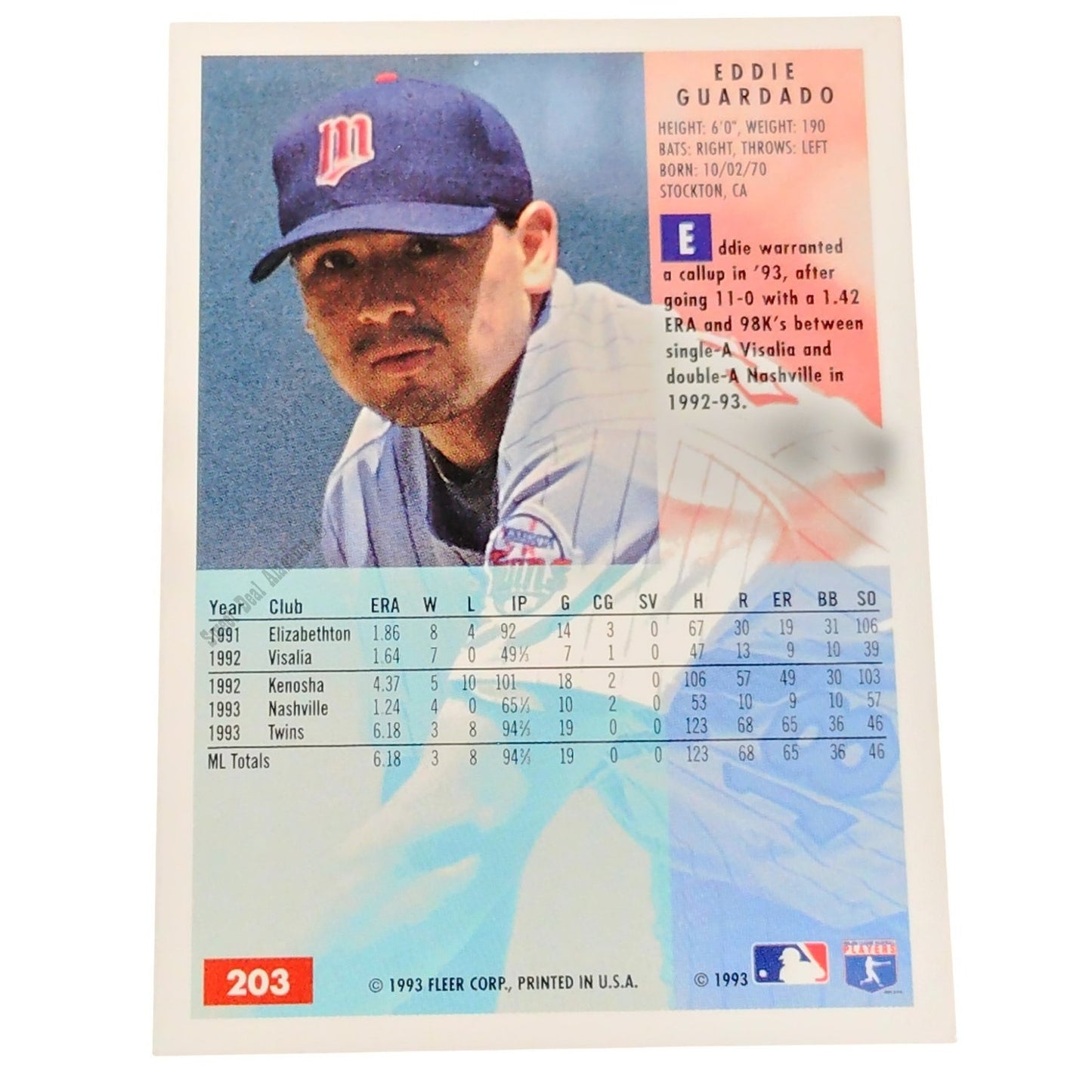 Eddie Guardado, Minnesota Twins, #203, 1994 Fleer Baseball Collector's Card