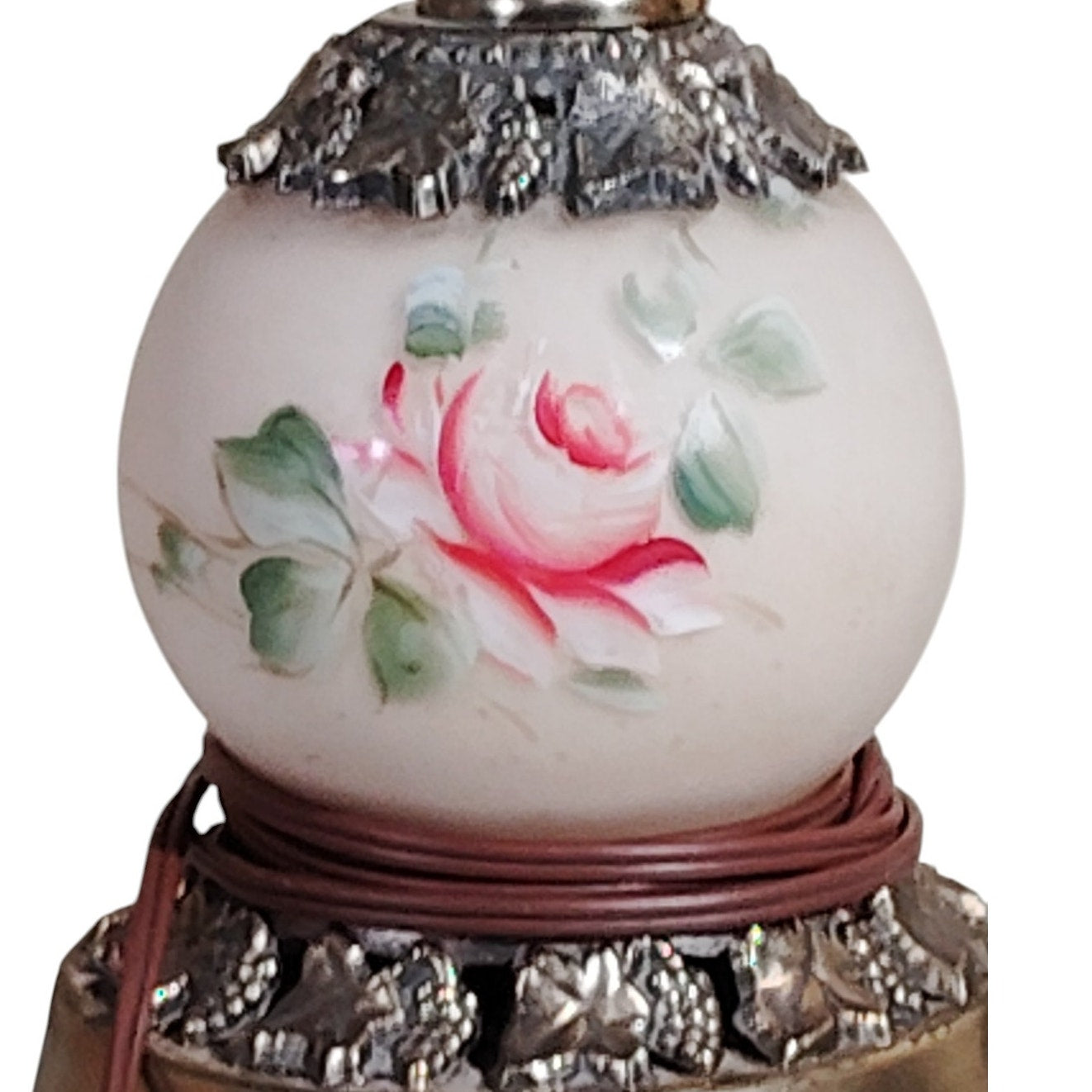 Pair of Vintage Floral Table Lamps – Brass Base, Pink Rose Globe, Ornate Design