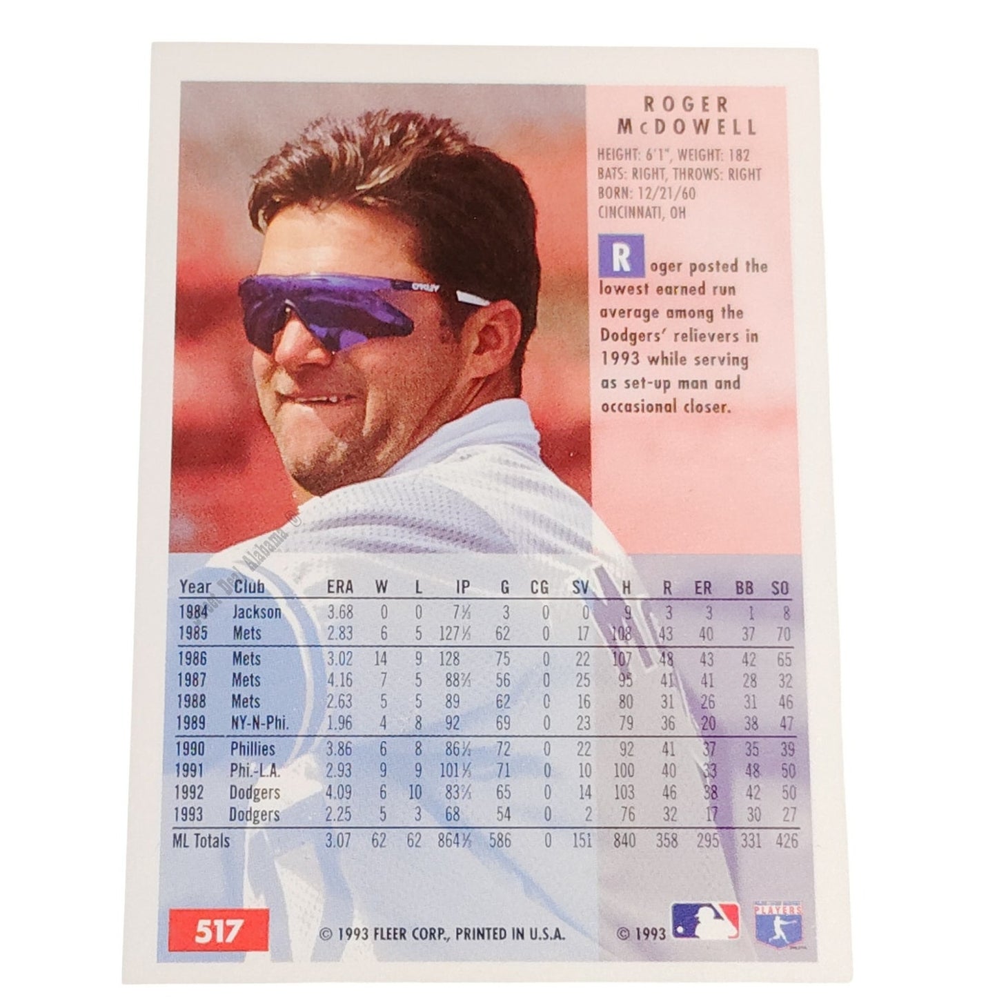 Roger McDowell, Los Angeles Dodgers, #517, 1994 Fleer Baseball Collector's Card