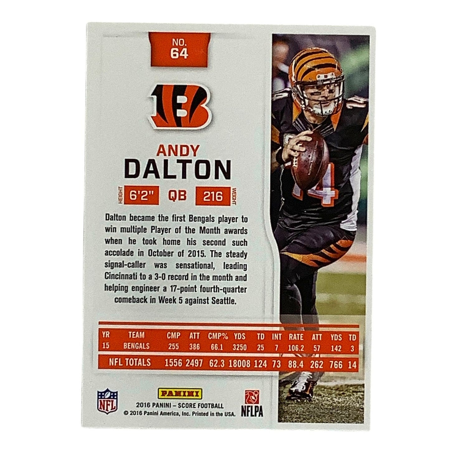 Andy Dalton, Cincinnati Bengals, NFL, Panini Score 2016, Card 64, EX/NM