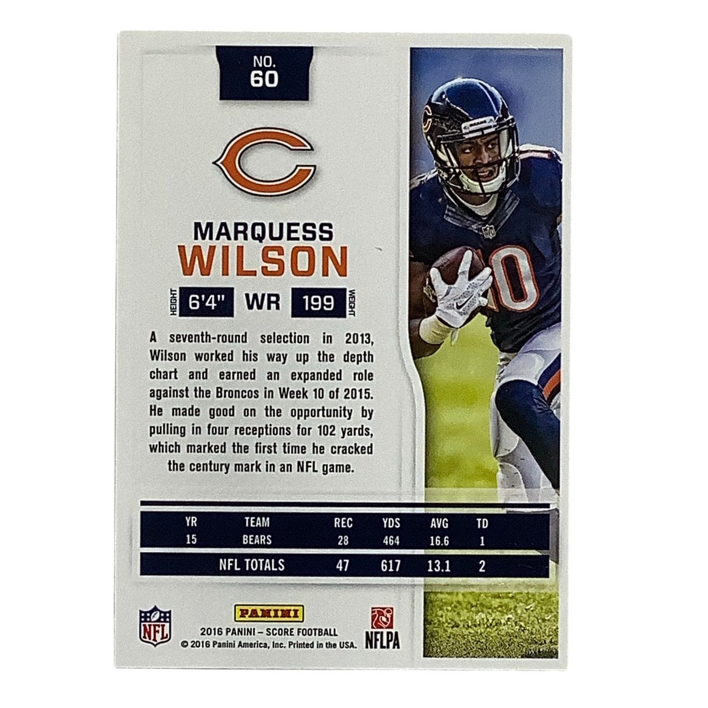 Marquess Wilson, Chicago Bears, NFL, Panini Score 2016, Card 60, EX/NM
