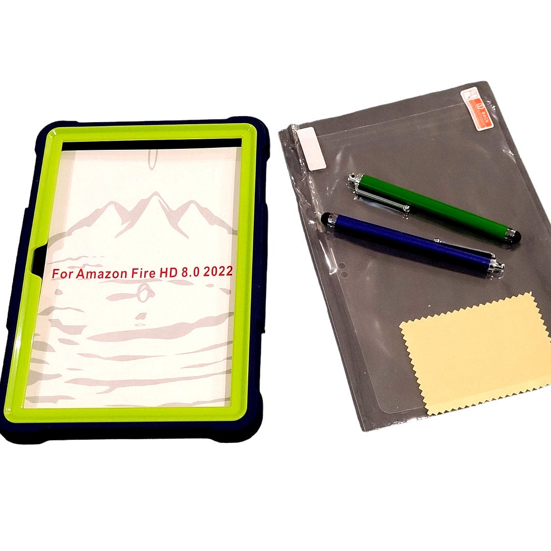 Case for Amazon Fire HD 8.0 2022, w/ Kickstand, Screen Protector & 2 Stylus Pens