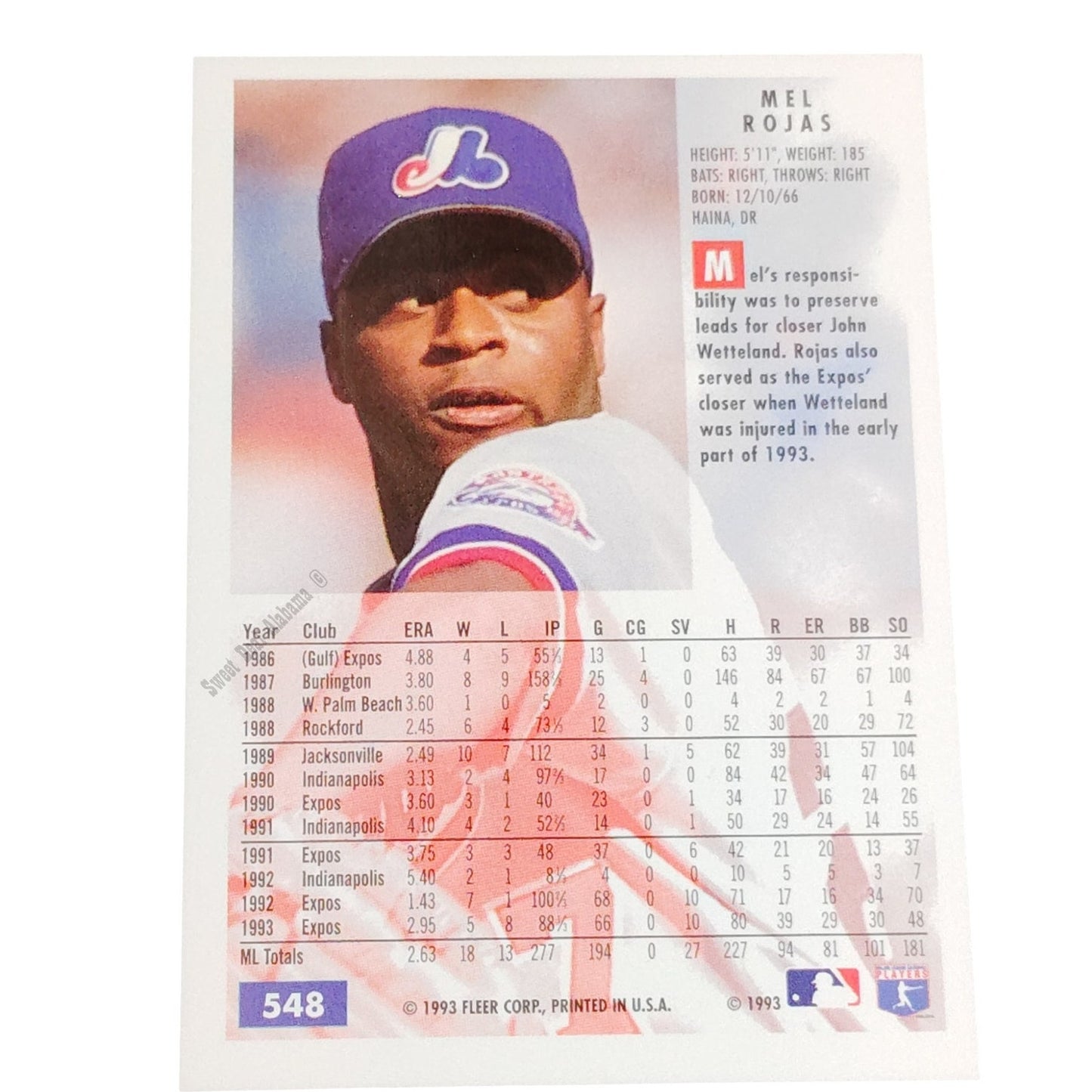 Mel Rojas, Montreal Expos, #548, 1994 Fleer Baseball Collector's Card