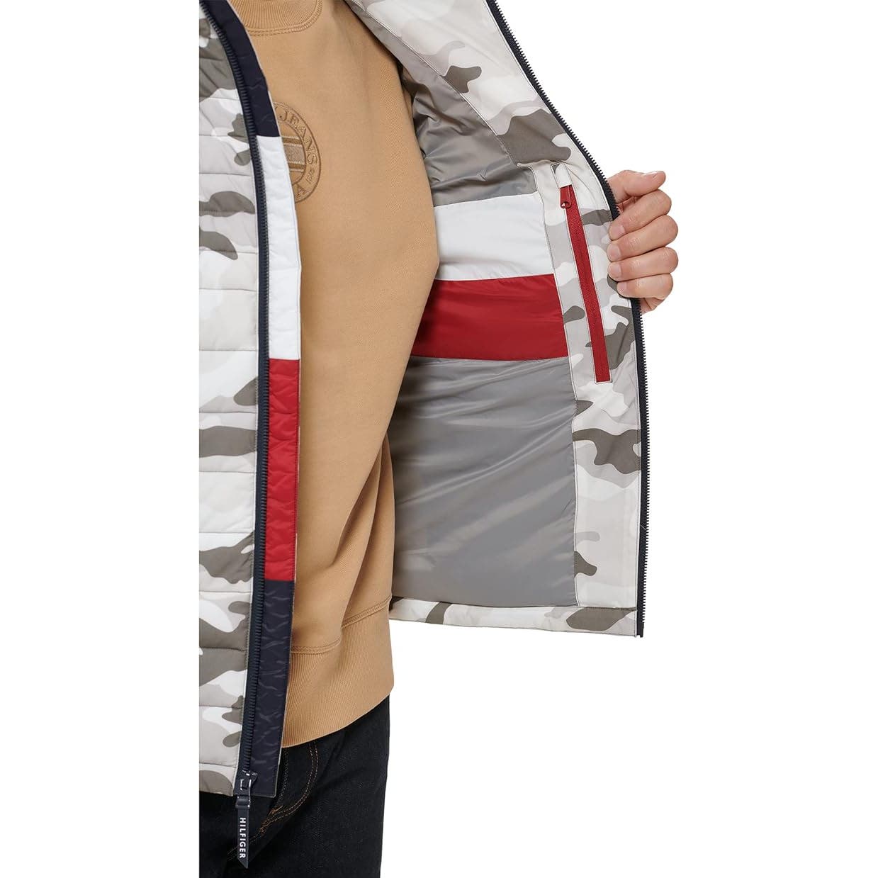 Tommy Hilfiger Men's Stretch Poly Hooded Packable Puffer Jacket, SM, White Camo