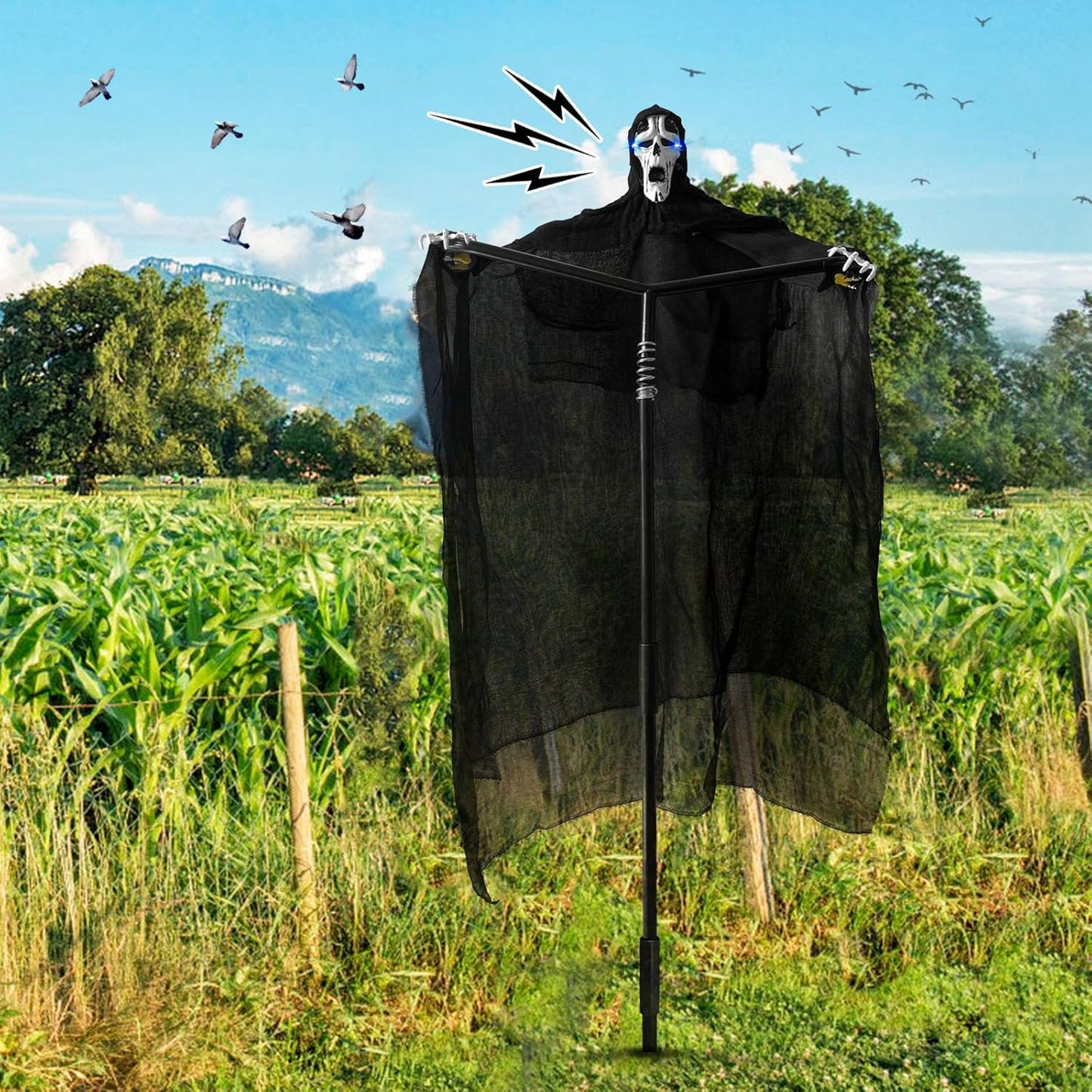 Ghost Scarecrow Outdoor Bird Control w/ Glowing Eyes & Sounds 2-in-1 Yard Decor