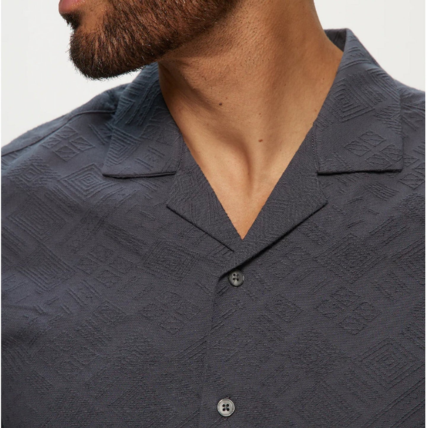 Julian & Mark Tonal Jacquard SS Camp Med. Cotton Shirt – Slate | Button-Down