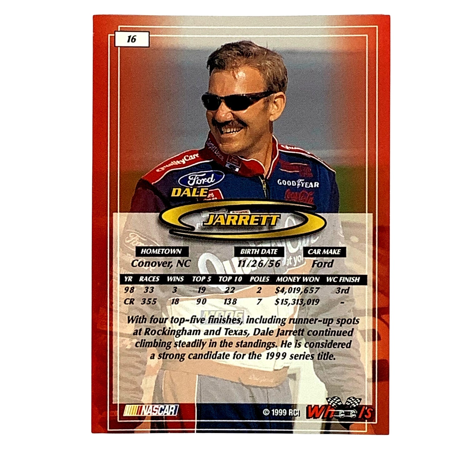 Dale Jarrett, Sponsor: Ford, Card 16, 1999 Wheels NASCAR Winston Cup, NM+
