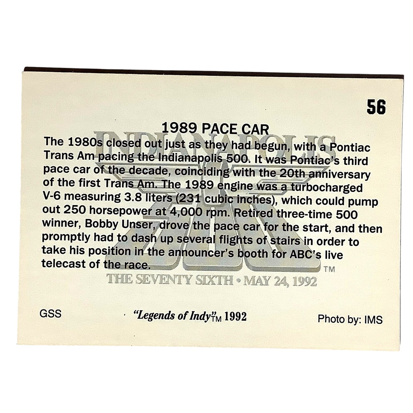 1989 Trans Am Pace Car, Indy 500, 1989 Action, 1992 Legends of Indy, Card No.56