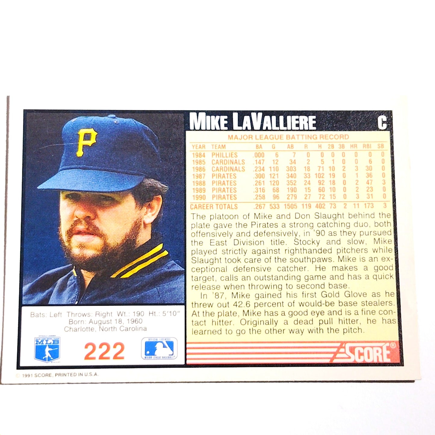 1991 Score Mike LaValliere #222 Pittsburgh Pirates Catcher MLB Baseball Card NM