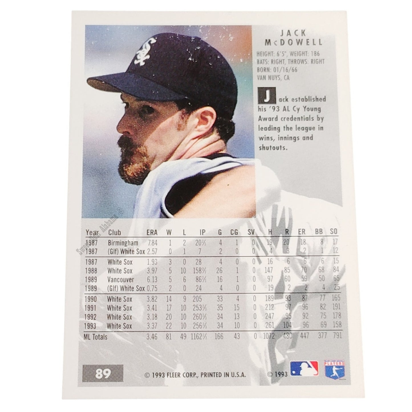 Jack McDowell, Chicago White Sox, #89, 1994 Fleer Baseball Collector's Card