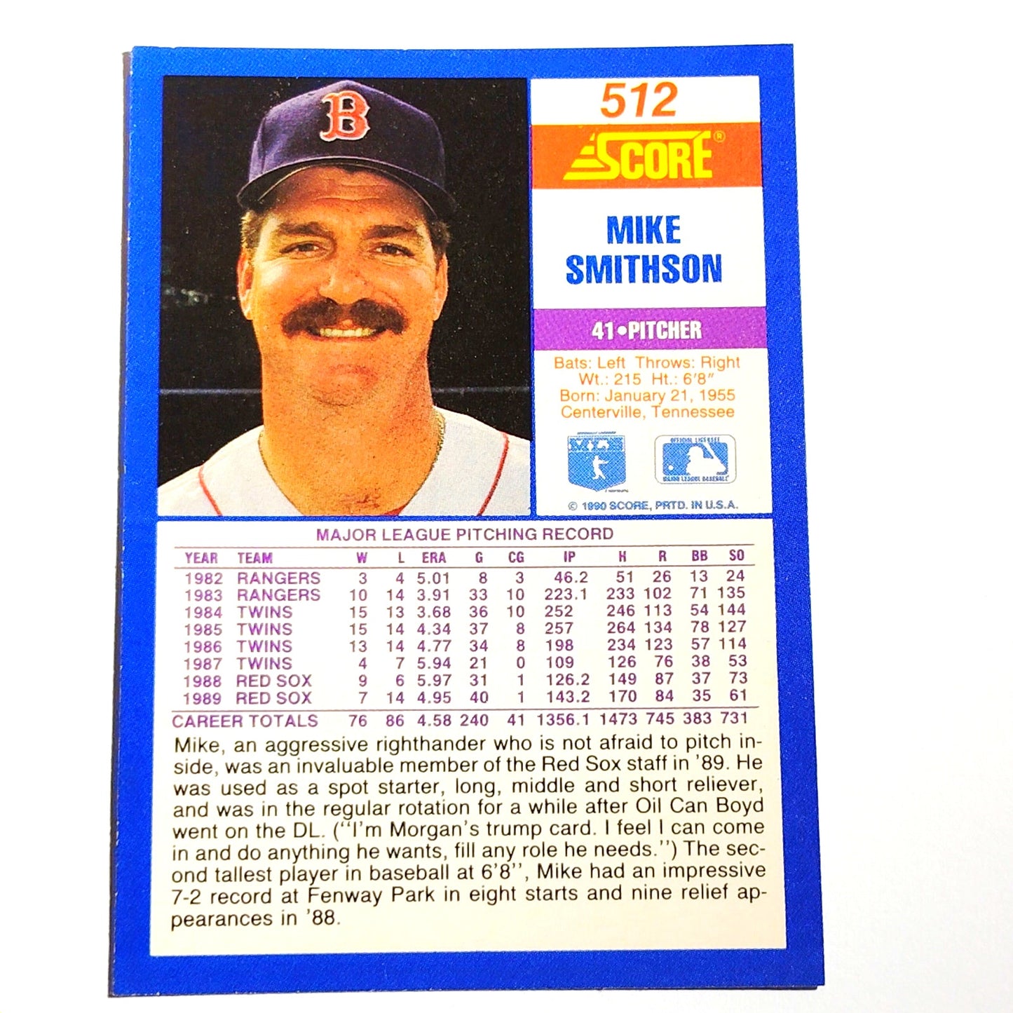 1990 Score Mike Smithson #512 Boston Red Sox Pitcher MLB Baseball EX