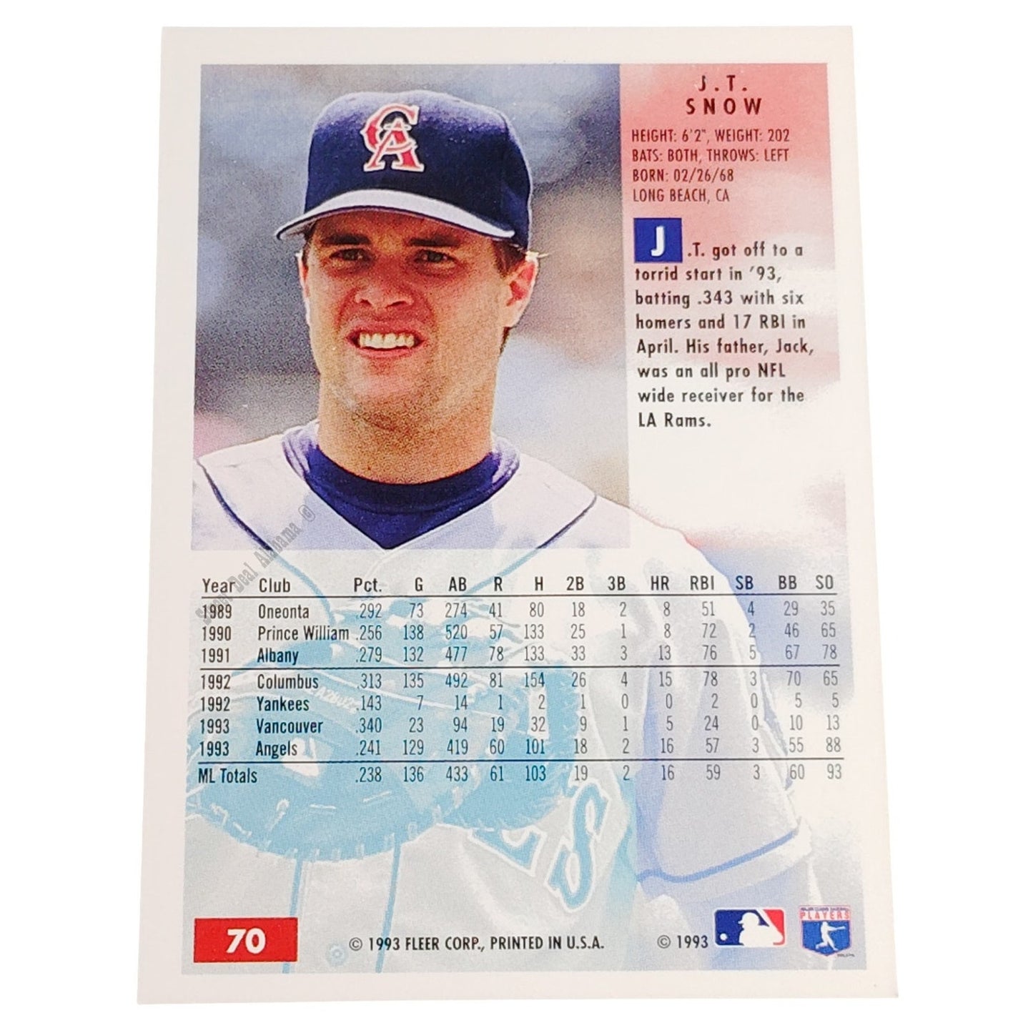 J.T. Snow, California Angels, #70, 1994 Fleer Baseball Collector's Card