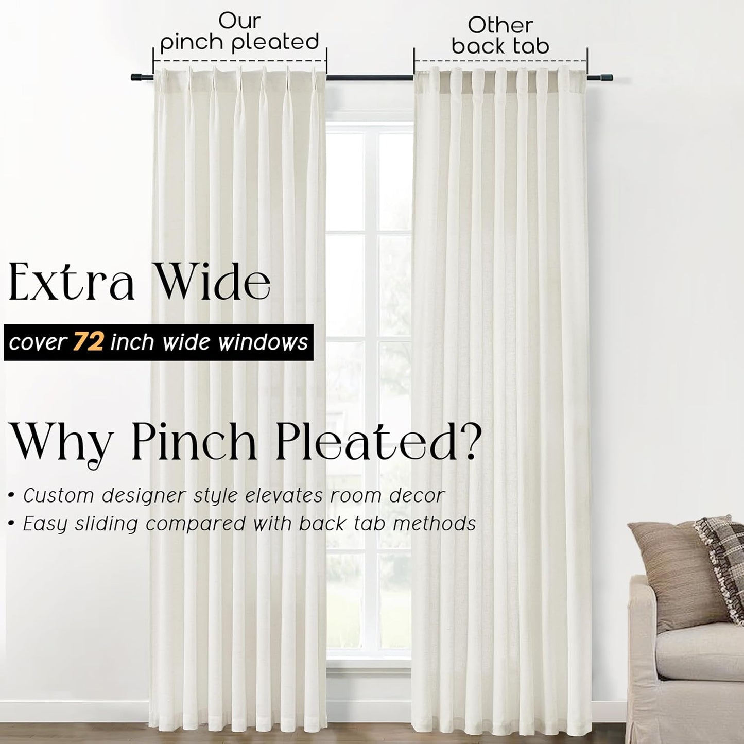 Off White/Cream Pinch Pleated Sheer 2 Panels 40"Wx90"L, Linen Cotton Blend