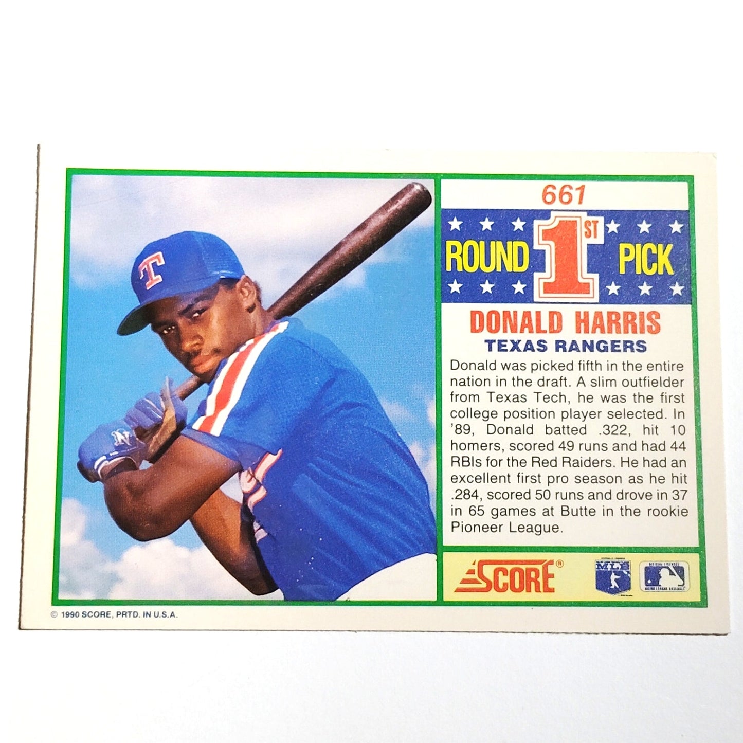 1990 Score Donald Harris #661 Texas Rangers 1st Round Pick OF Baseball Card NM
