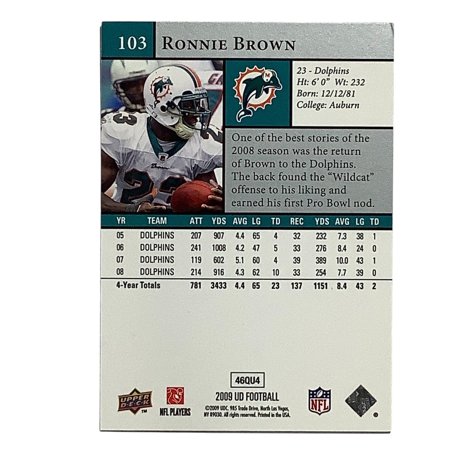 Ronnie Brown, Miami Dolphins, NFL Upper Deck 2009 Card 103, EX/NM
