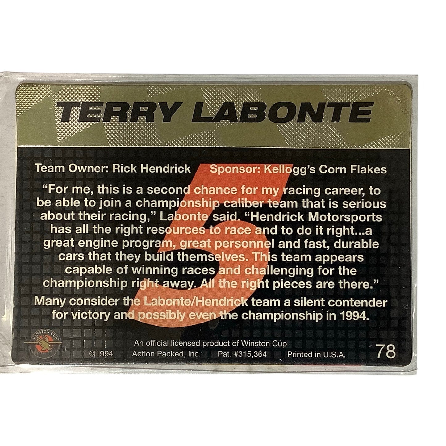 Terry Labonte #5 Embossed Photo Card, NASCAR Card #78, 1994 Action Packed