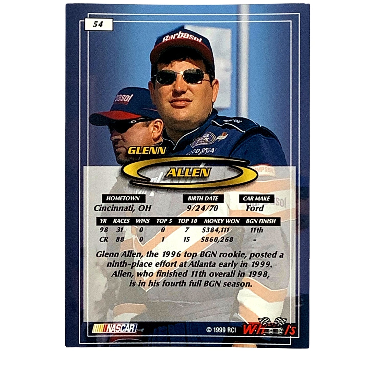 Glenn Allen, Sponsor: Barbasol, Card 54, 1999 Wheels NASCAR Winston Cup, NM+