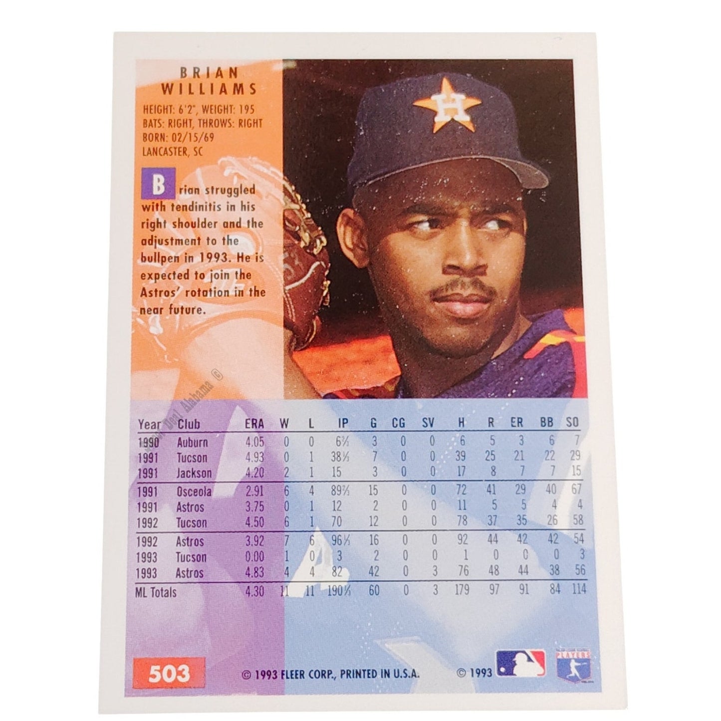 Brian Williams, Houston Astros, #503, 1994 Fleer Baseball Collector's Card