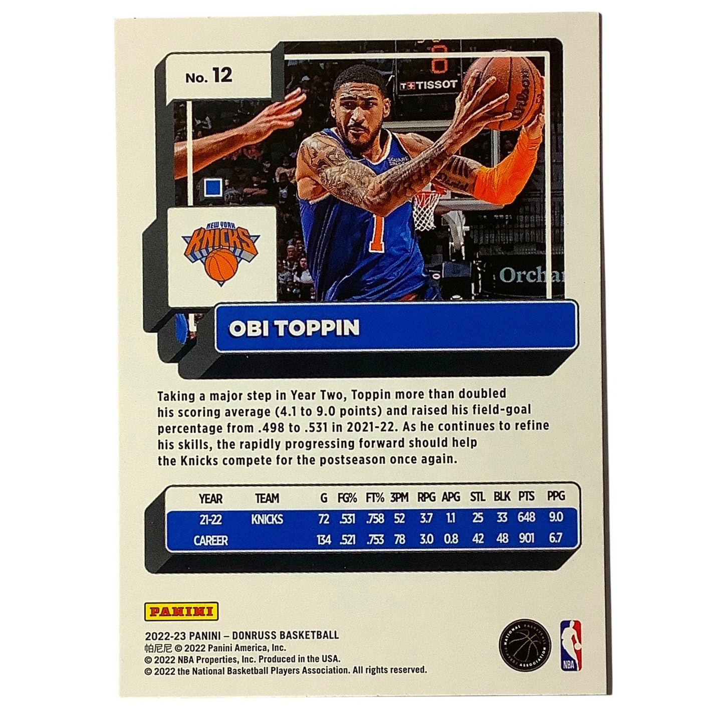 Obi Toppin, New York Knicks, Card #12, 2022-23 NBA Panini-Donruss