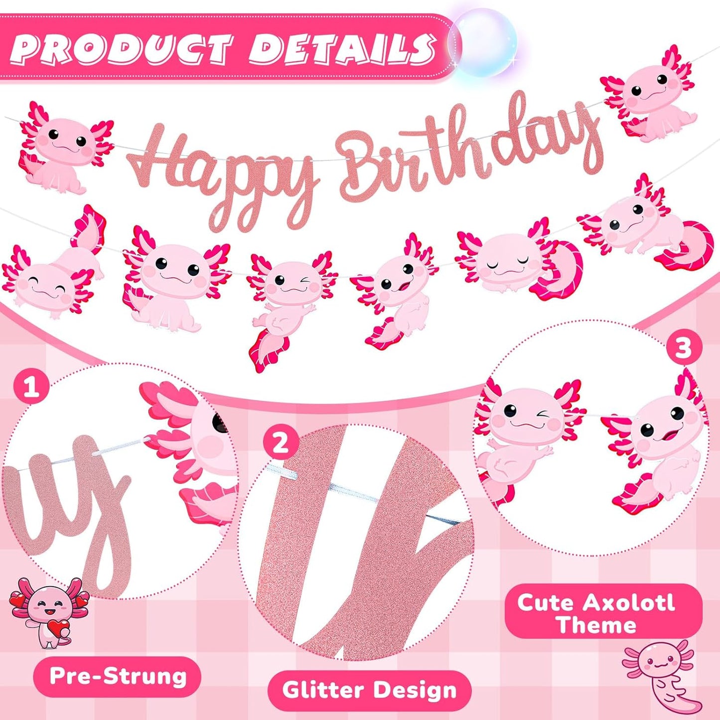 Axolotl Birthday Banner – Pink Ocean Animal Party Garland, 2 Pre-Strung Banners