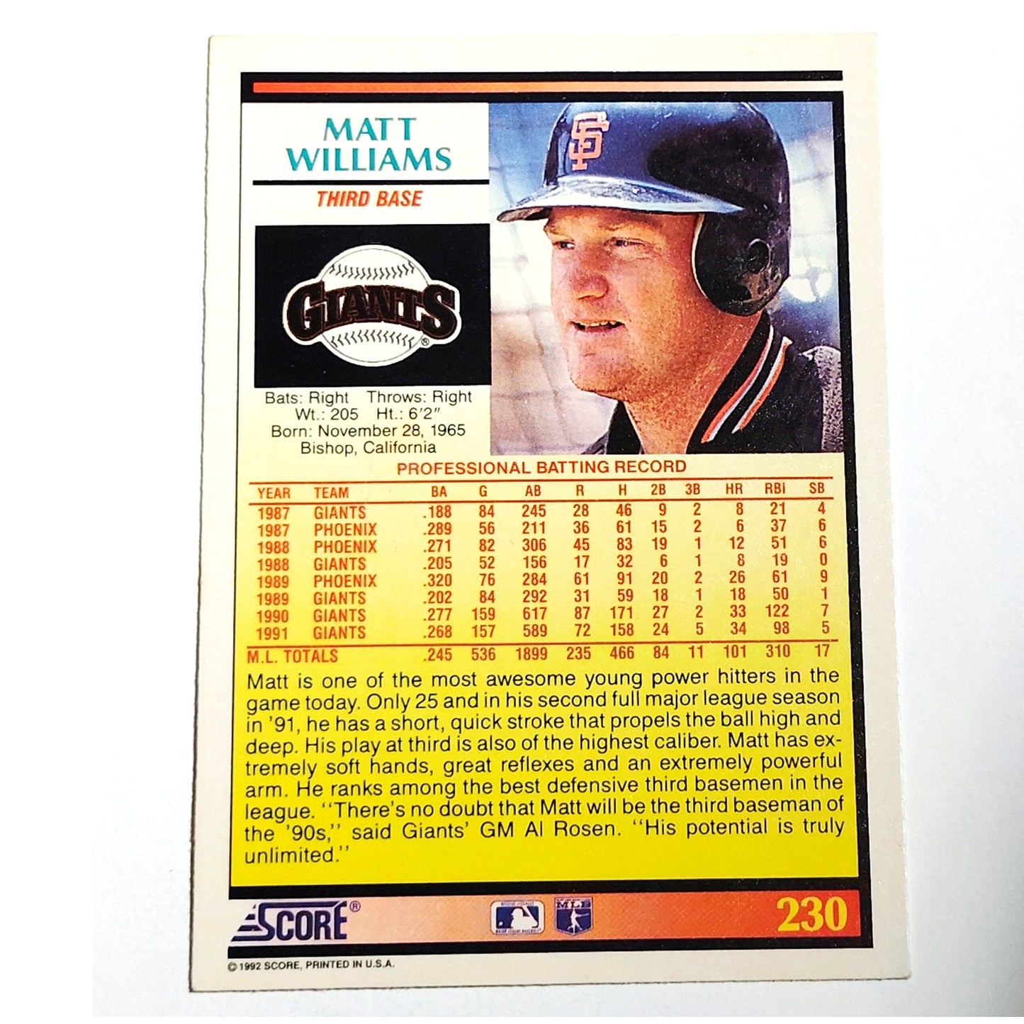 1992 Score Matt Williams #230 San Francisco Giants Third Baseman MLB Baseball NM