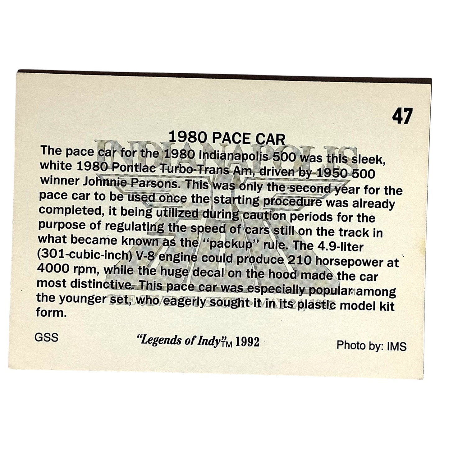 1980 Trans Am Pace Car, Indy 500, 1980 Action, 1992 Legends of Indy, Card No.47