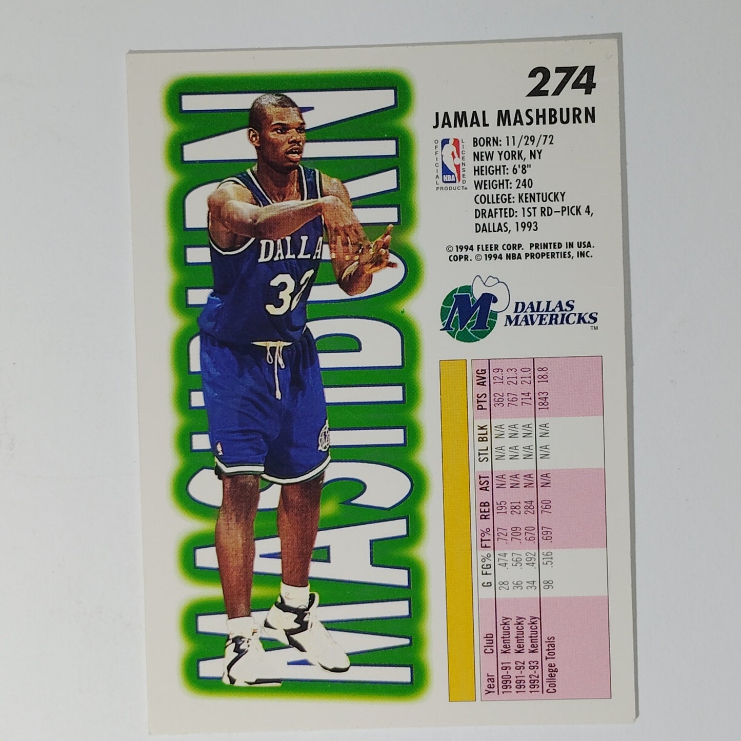 1993–94 Fleer Jamal Mashburn #274 – Dallas Mavericks – Rookie Year – Forward