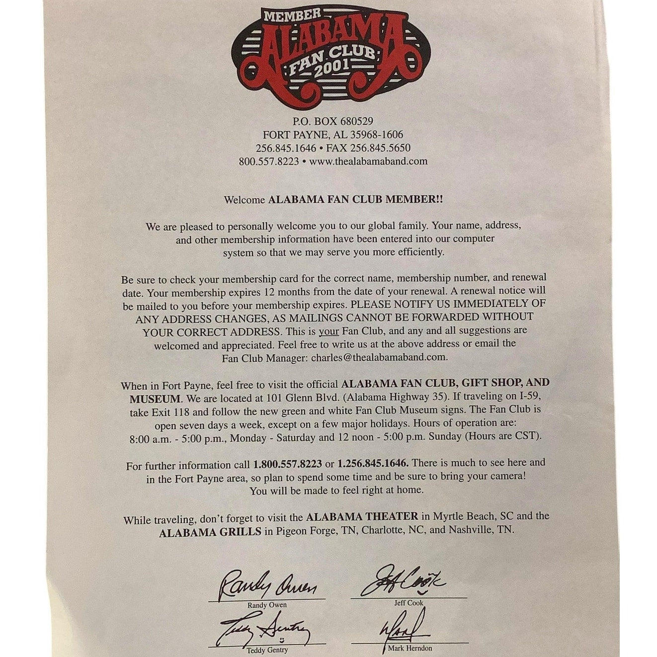2001 Alabama Glossy 10 x 8 Glossy Photo & Membership Letter to Alabama Fan Club