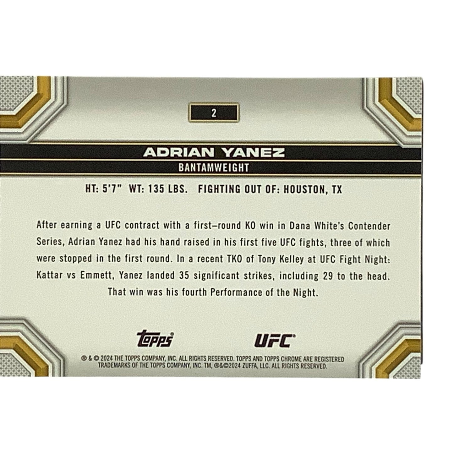 Adrian Yanez, Bantamweight, UFC Card 2, 2024 Topps Chrome UFC, NM+