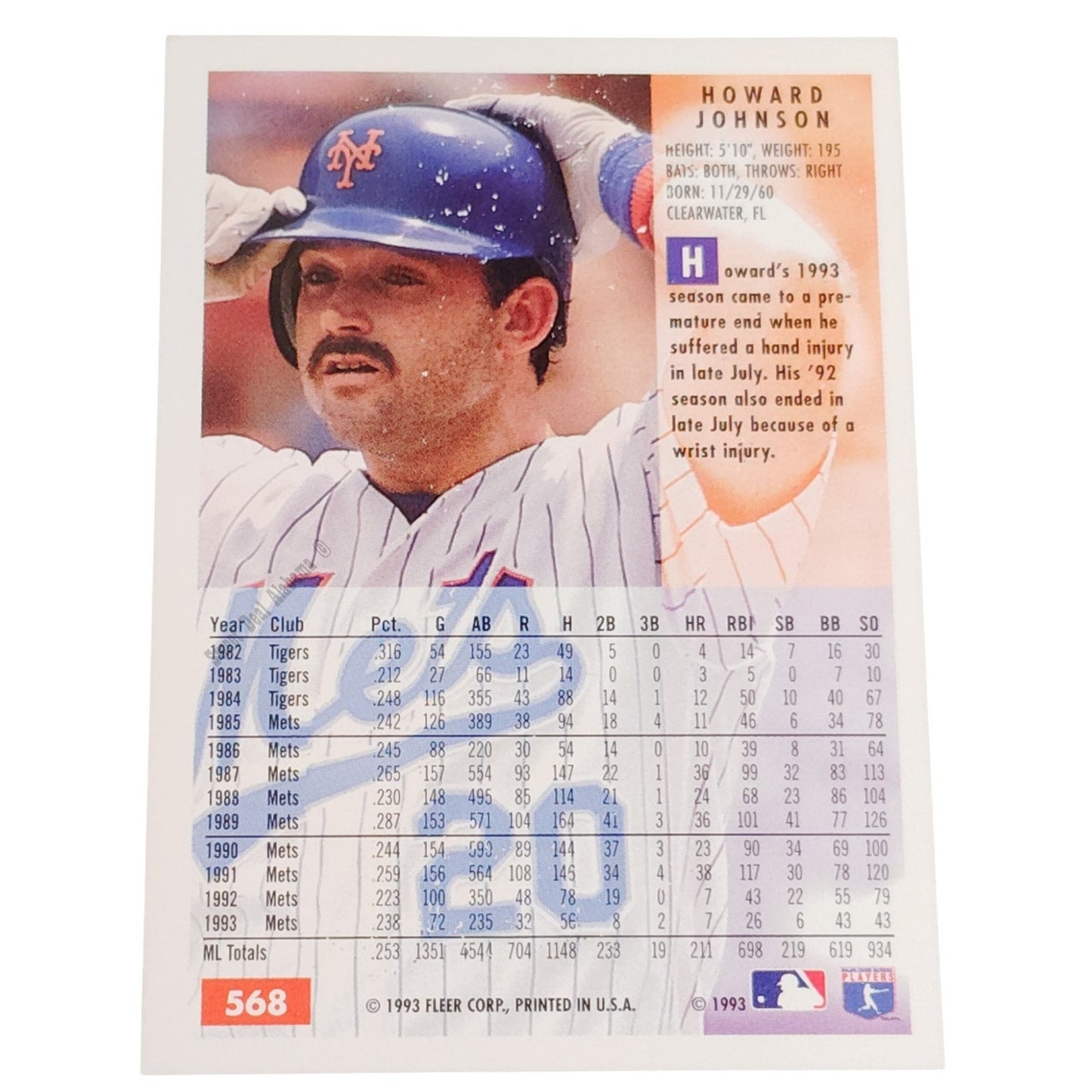 Howard Johnson, New York Mets, #568, 1994 Fleer Baseball Collector's Card