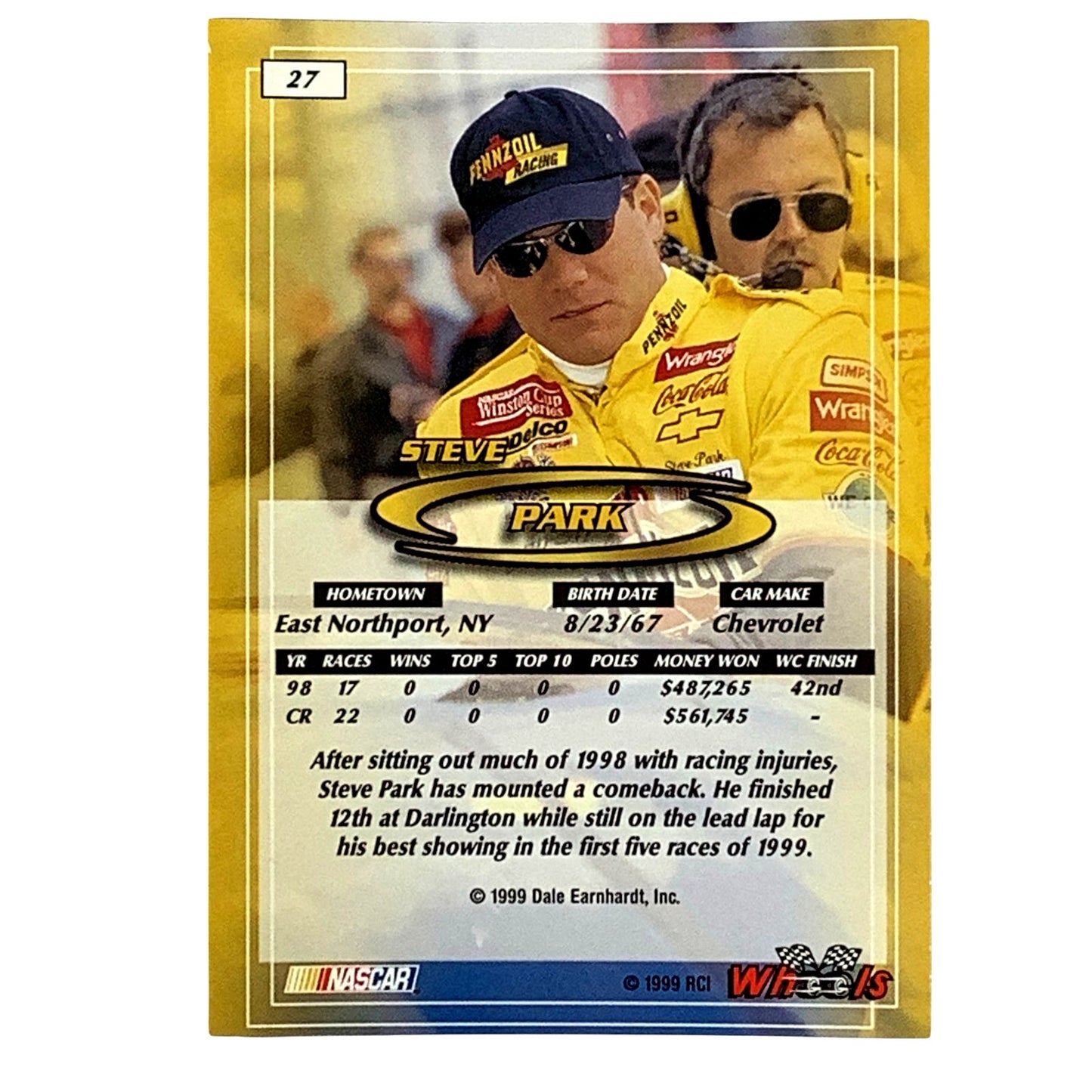 Steve Park, Sponsor: Pennzoil, Card 27, 1999 Wheels NASCAR Winston Cup, NM+