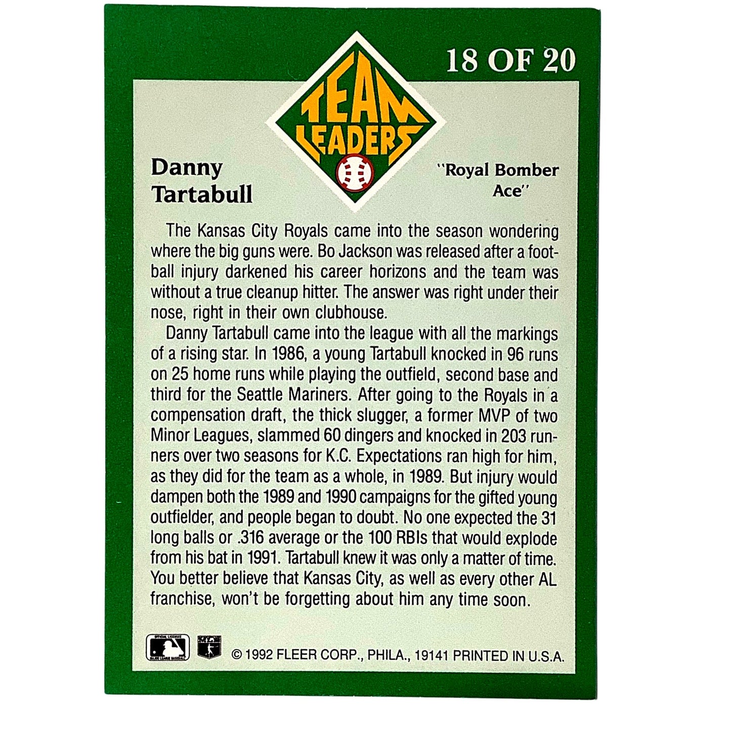 1992 Fleer Team Leaders Card #18 of 20, Danny Tartabull, Kansas City Royals, NM+