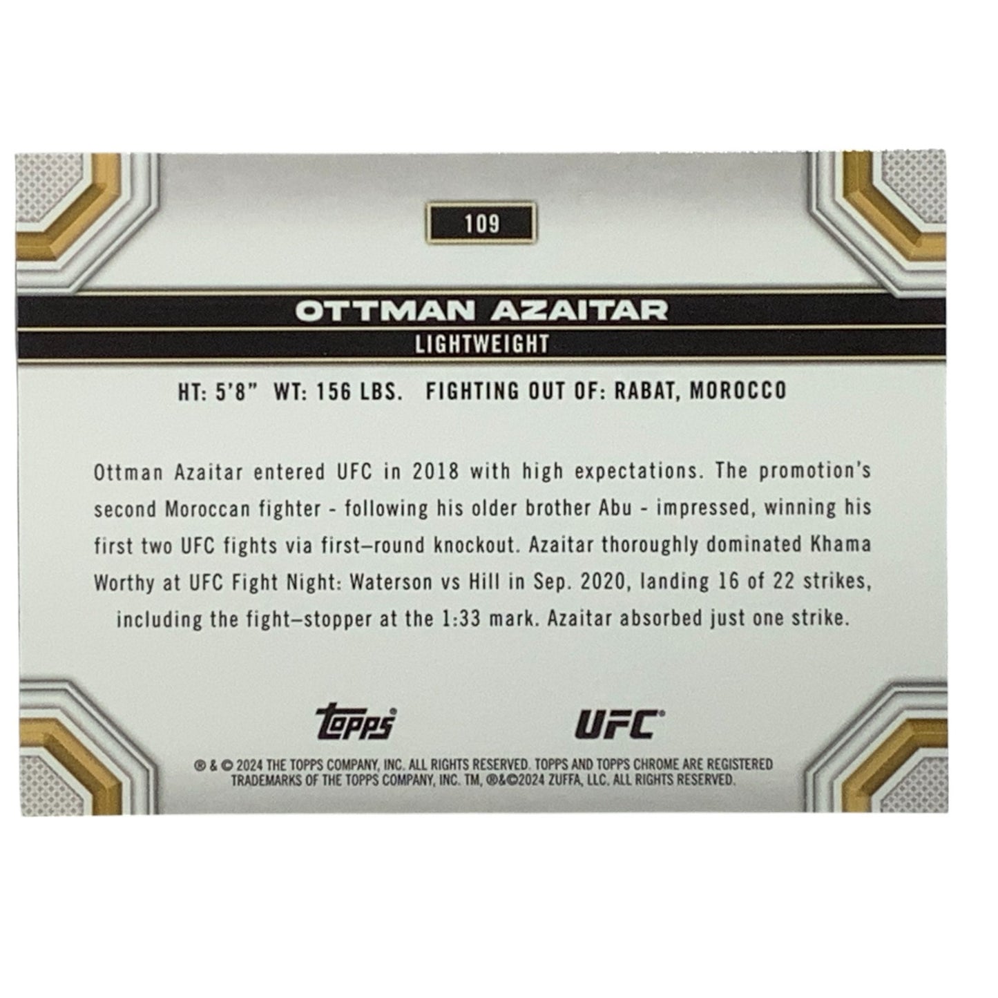 Ottman Azaitar, UFC Lightweight, Card 109, 2024 Topps Chrome UFC, NM+