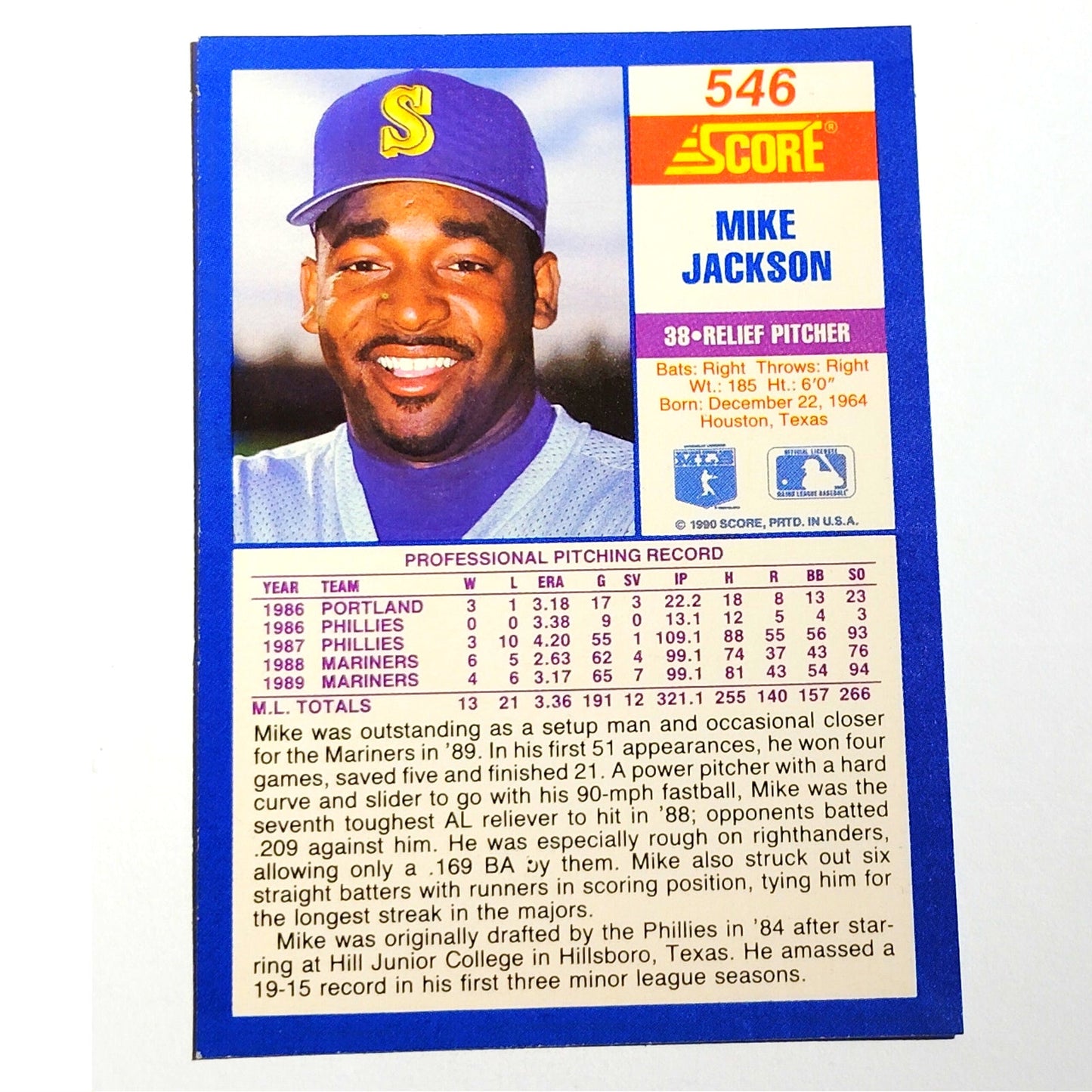 1990 Score Mike Jackson #546 Seattle Mariners Pitcher MLB Baseball EX