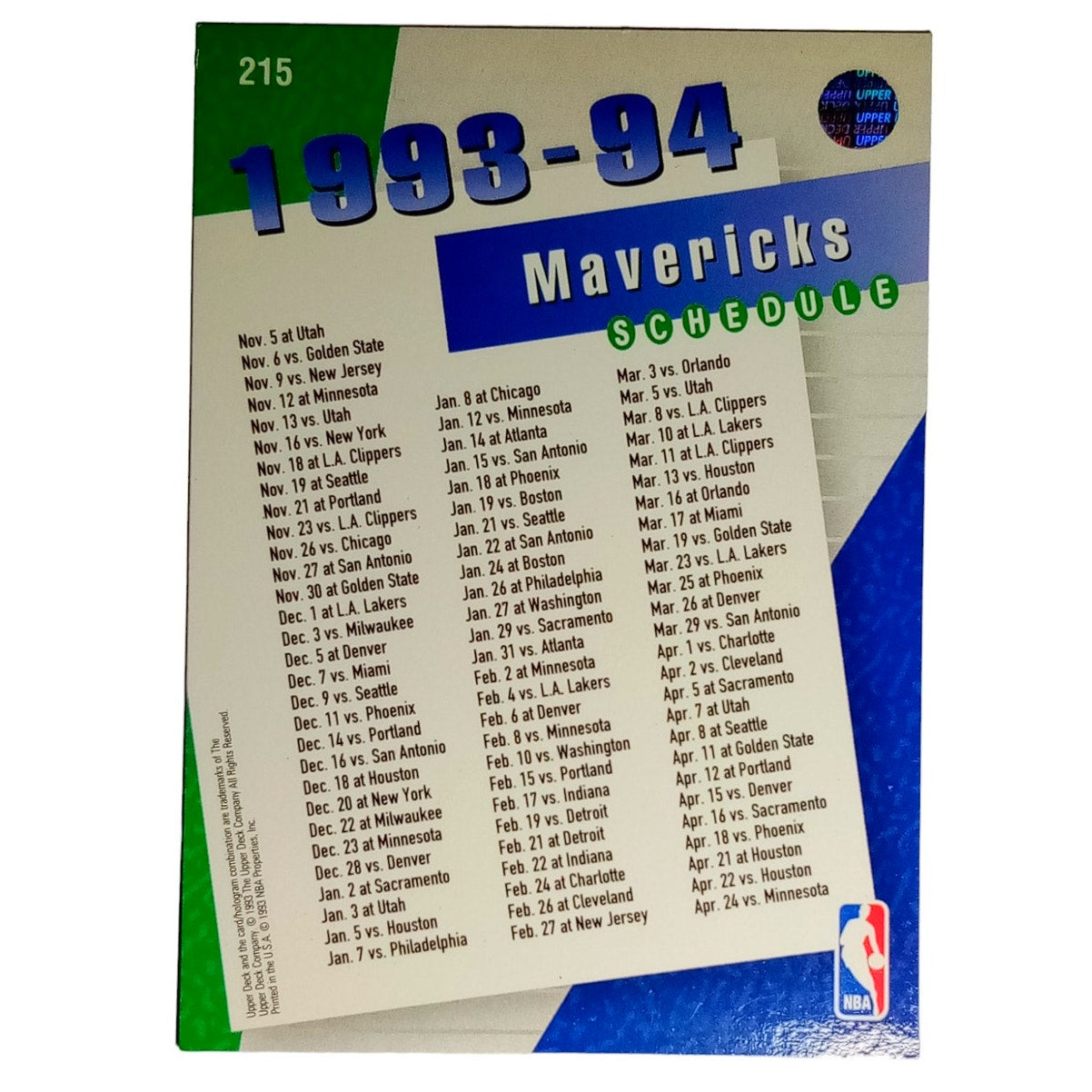 93-94 Upper Deck, Mavericks Schedule #215, Jim Jackson (24) & Sean Rooks (45) NM