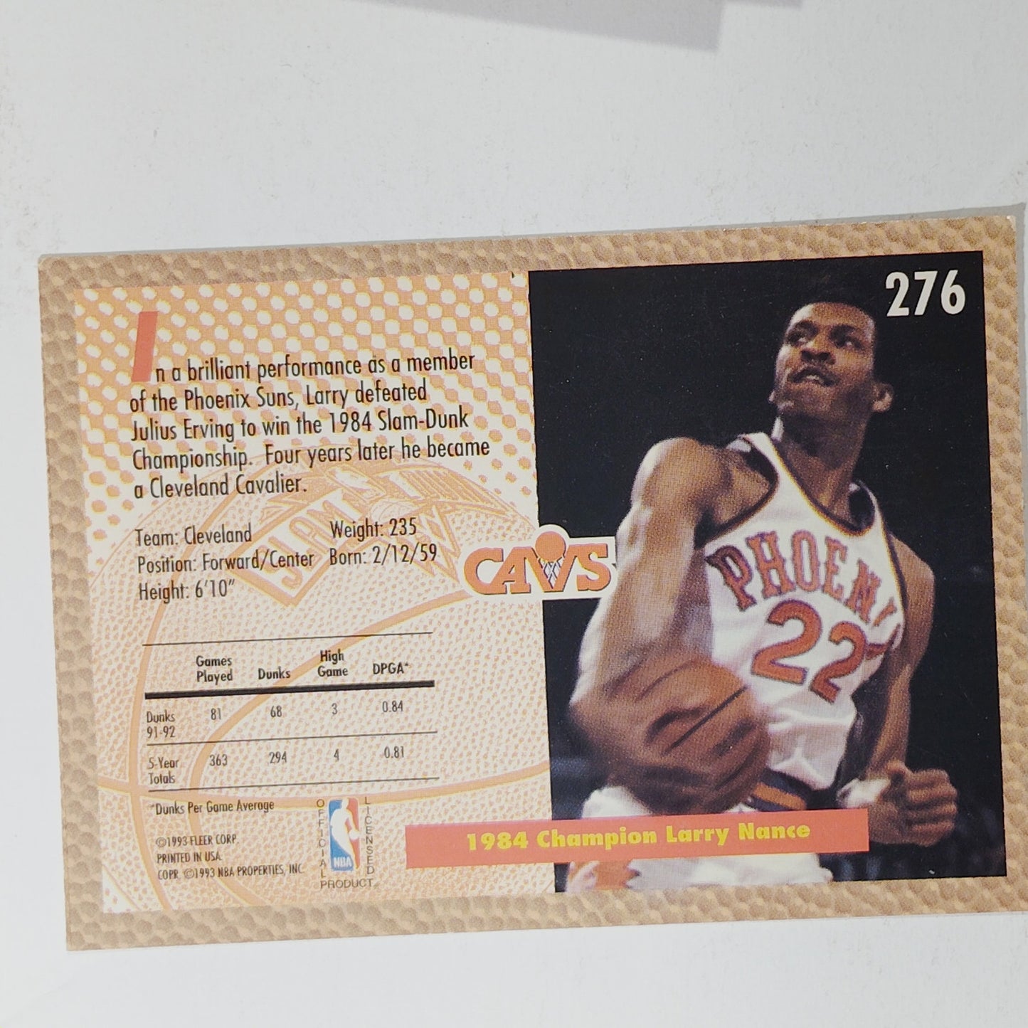 1992–93 Fleer Larry Nance #276 – Phoenix Suns – Slam Dunk Insert– VG/EX