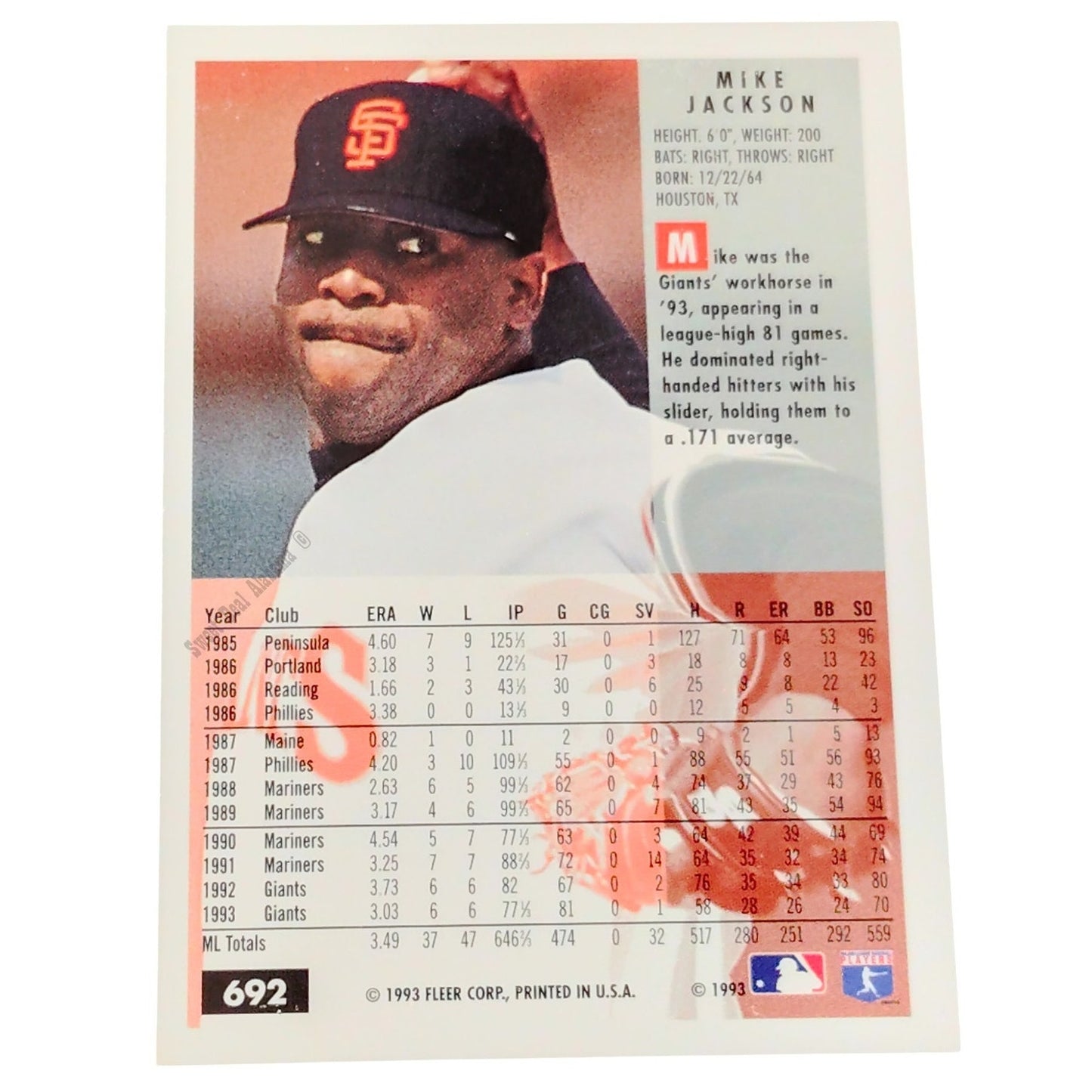 Mike Jackson, San Francisco Giants, #692, 1994 Fleer Baseball Collector's Card