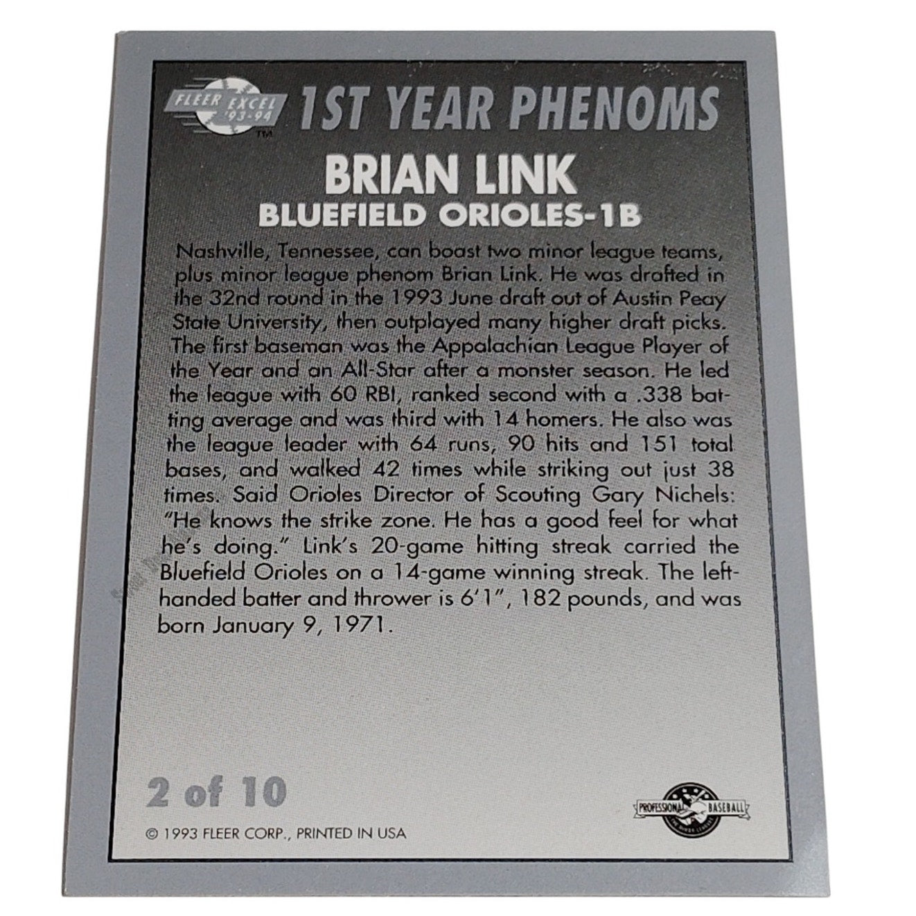 Brian Link, Bluefield Orioles, Card 2 of 10, 1st Year Phenoms, 93-94 Fleer Excel