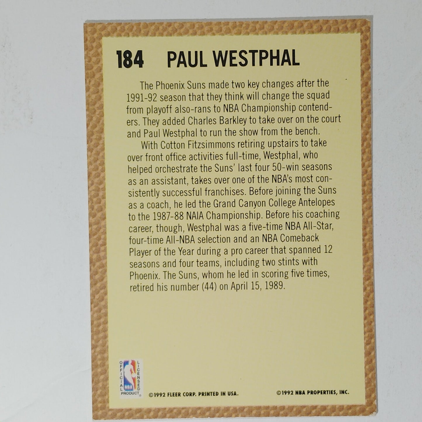 1992–93 Fleer Paul Westphal #184 – Phoenix Suns – Head Coach – VG/EX