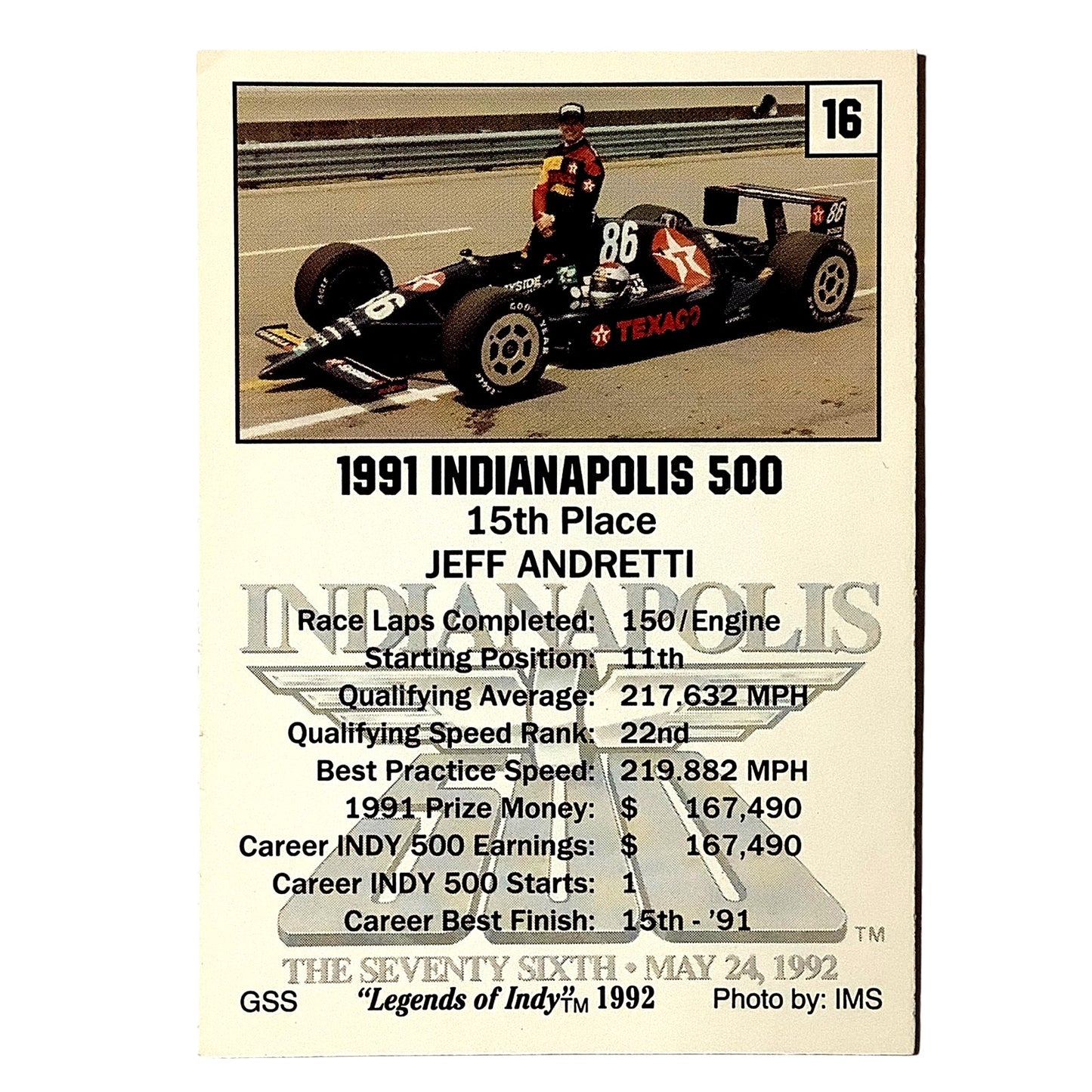 Jeff Andretti 15th Place Indy 500, 1991 Action, 1992 Legends of Indy, Card No.16