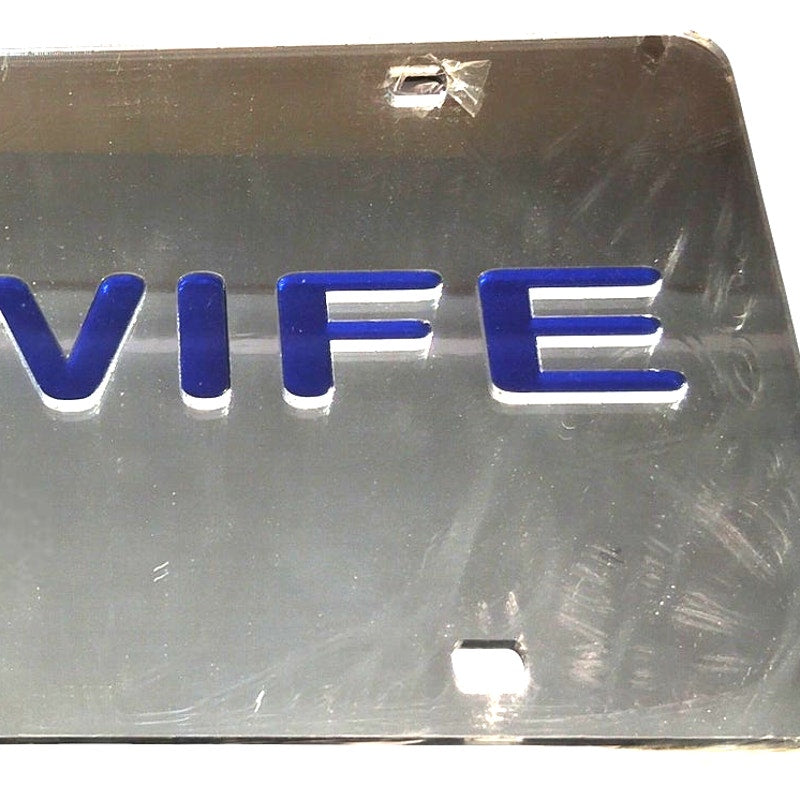 U.S. Air Force Wings License Plate Frame – “WIFE” Blue Inlay, Mirrored Finish, Made in USA