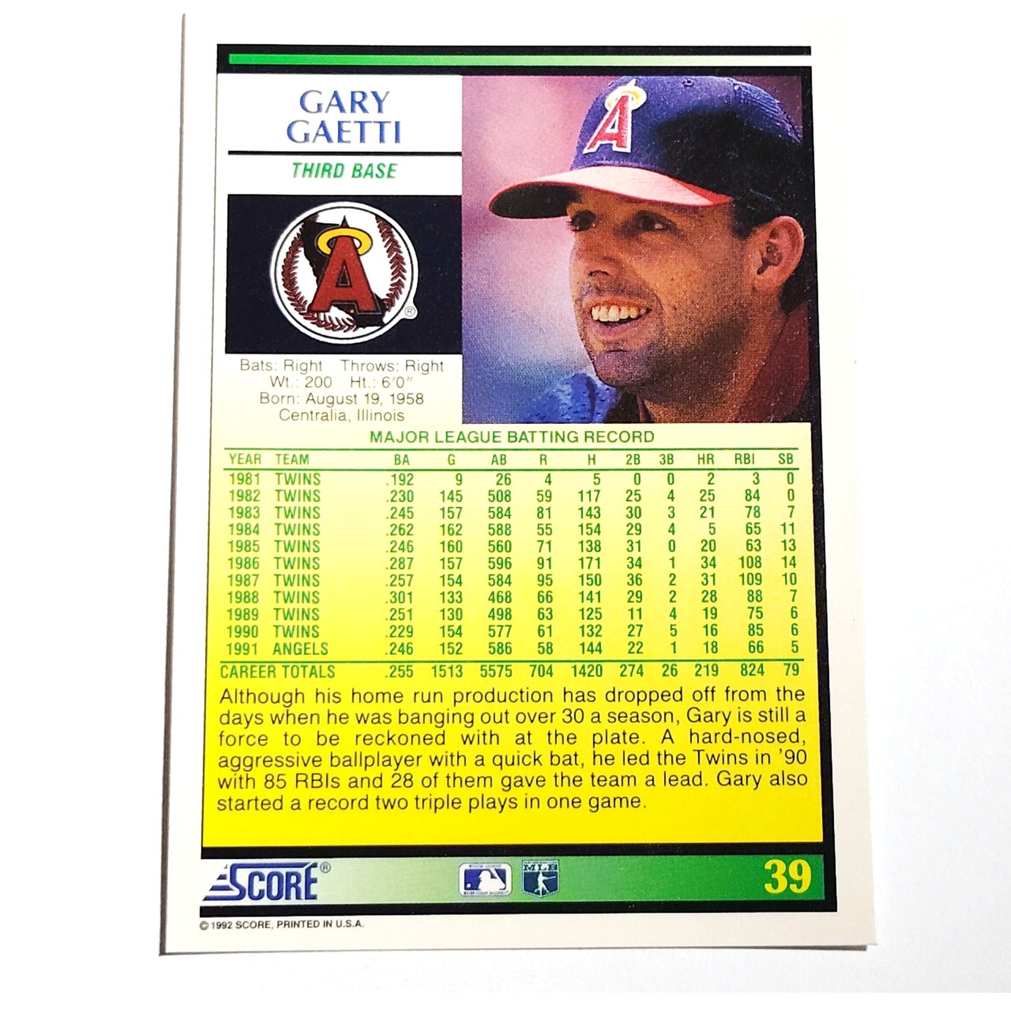 1992 Score Gary Gaetti #39 California Angels Third Baseman MLB Baseball NM