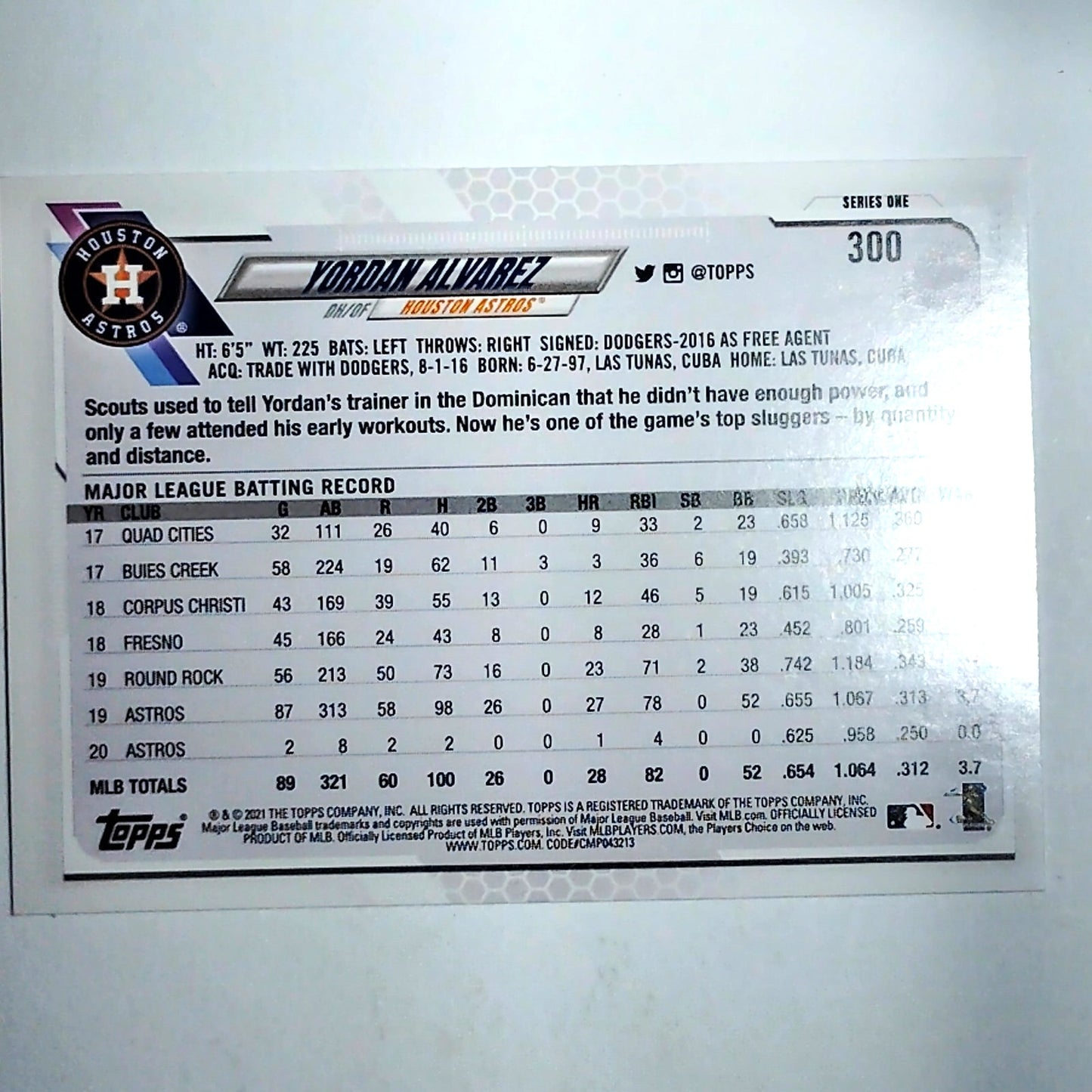 2021 Topps Series 1 Yordan Alvarez 300 Houston Astros DH OF VG/EX