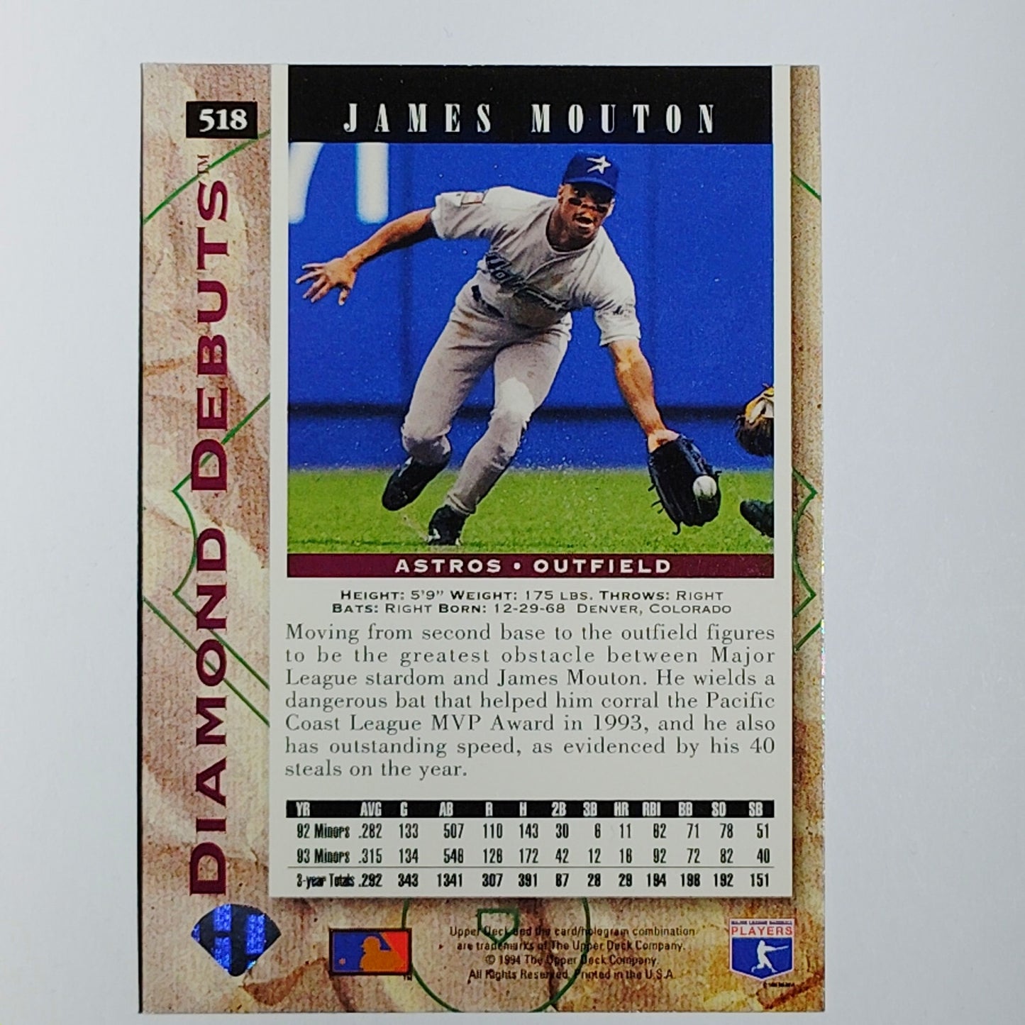 1994 Upper Deck James Mouton #518 Houston Astros Outfield Diamond Debuts - VG/EX
