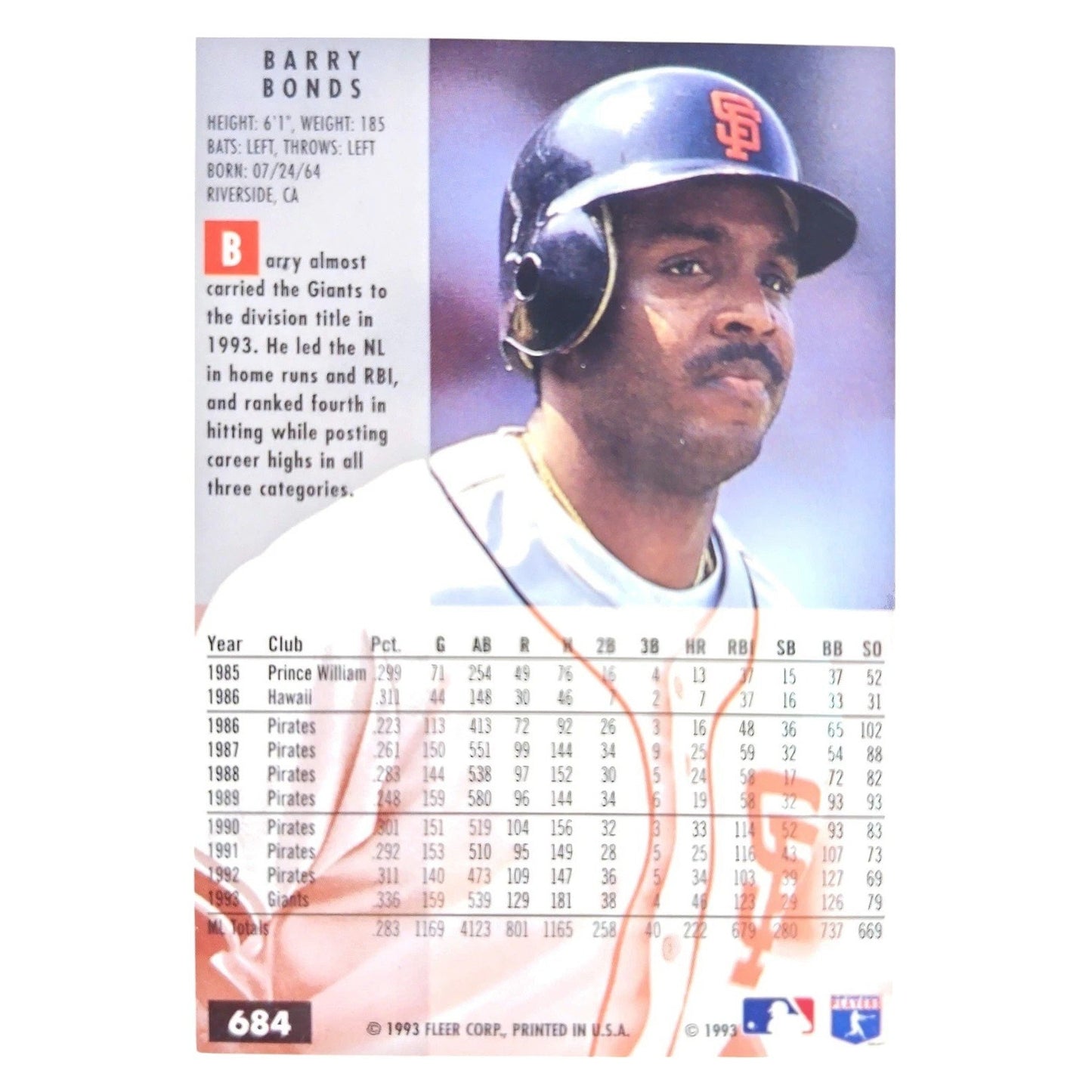 Barry Bonds, San Francisco Giants, #684, 1994 Fleer Baseball Collector's Card