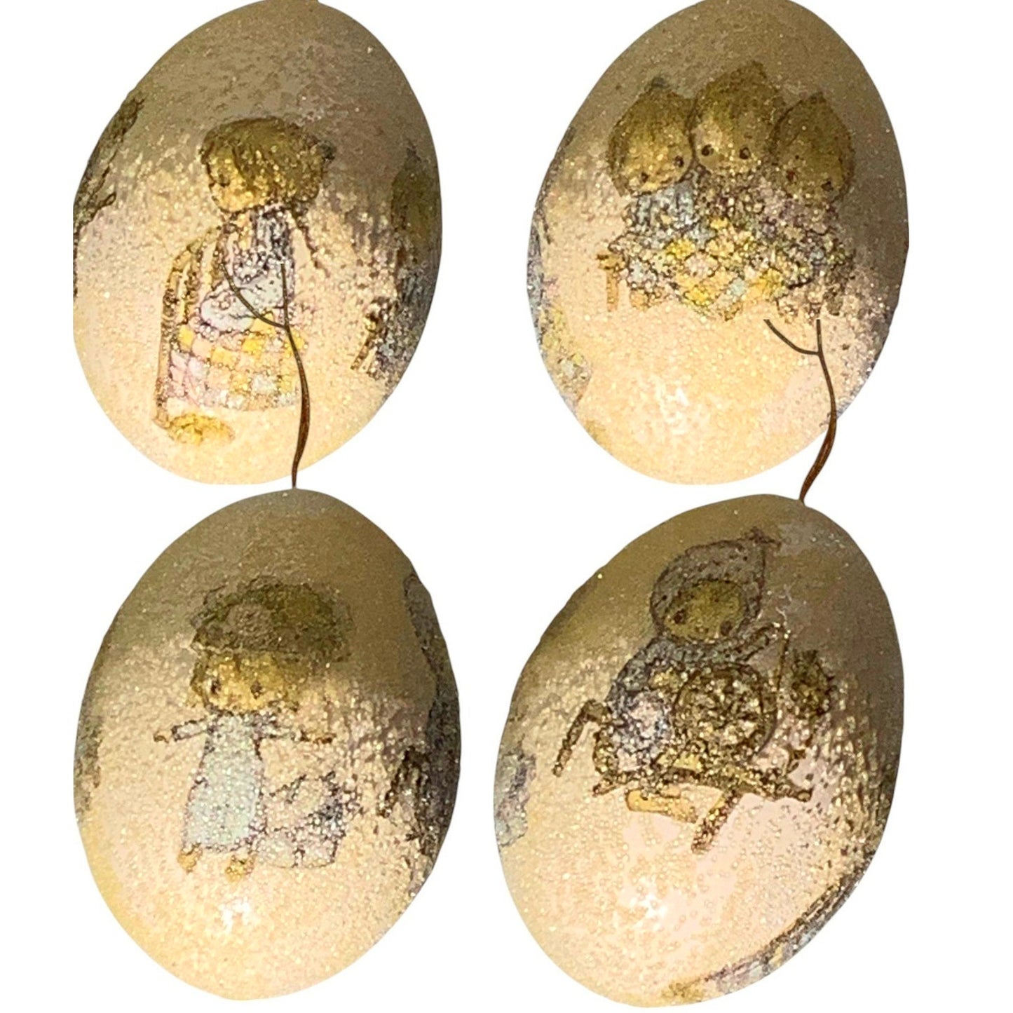 Lot of 5, Handcrafted Egg Ornaments, Vintage 1970's, Various Scenes, Glittered.