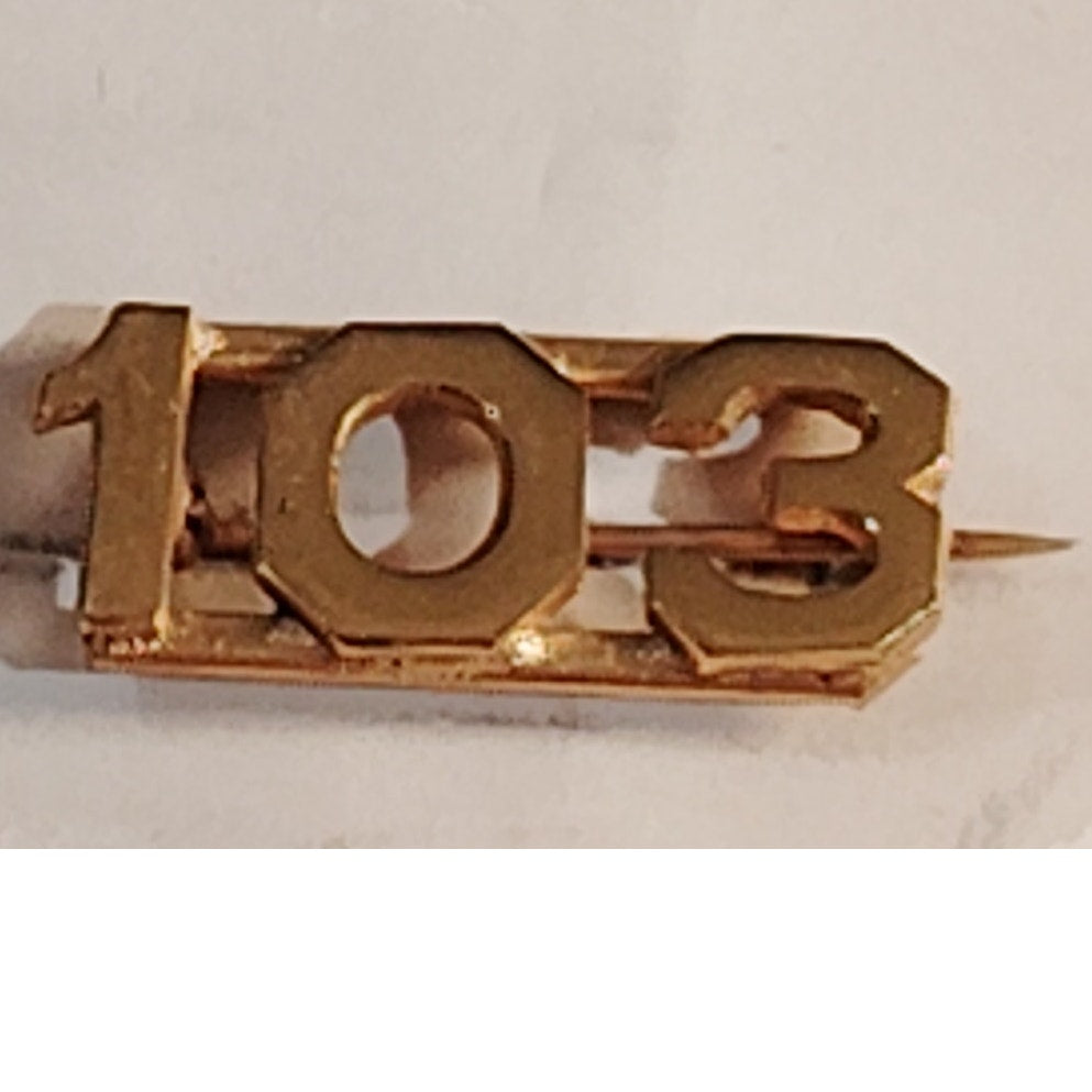 Early/Mid 1900s Brass C-Clasp "103" Collar Devices 3/8"H Hat / Lapel Pins Set