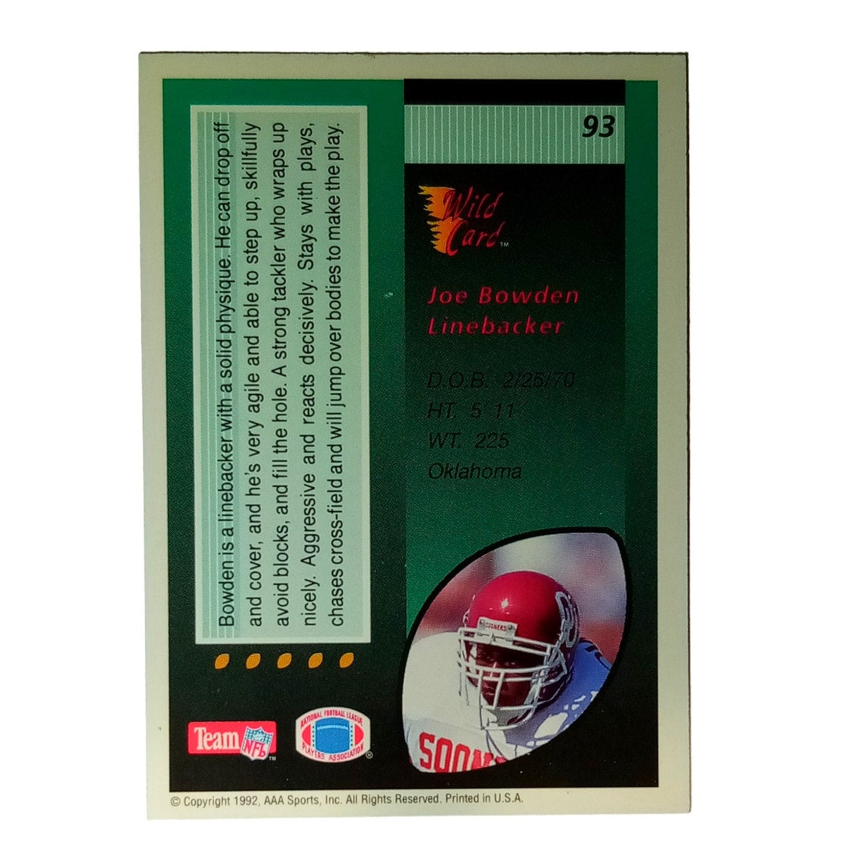 1992 Team NFL, AAA Sports, Inc., Wild Card Joe Bowden #93 Rookie RC